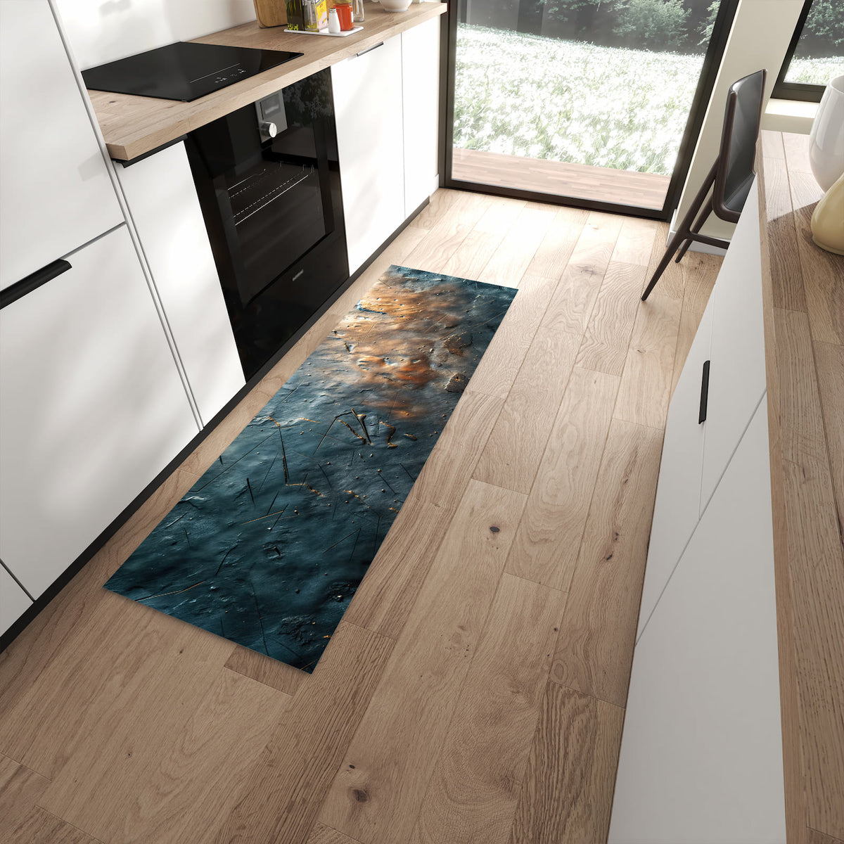 Bodenschonender Küchenteppich mit Motiv Metallische Oberfläche in moderner Küche