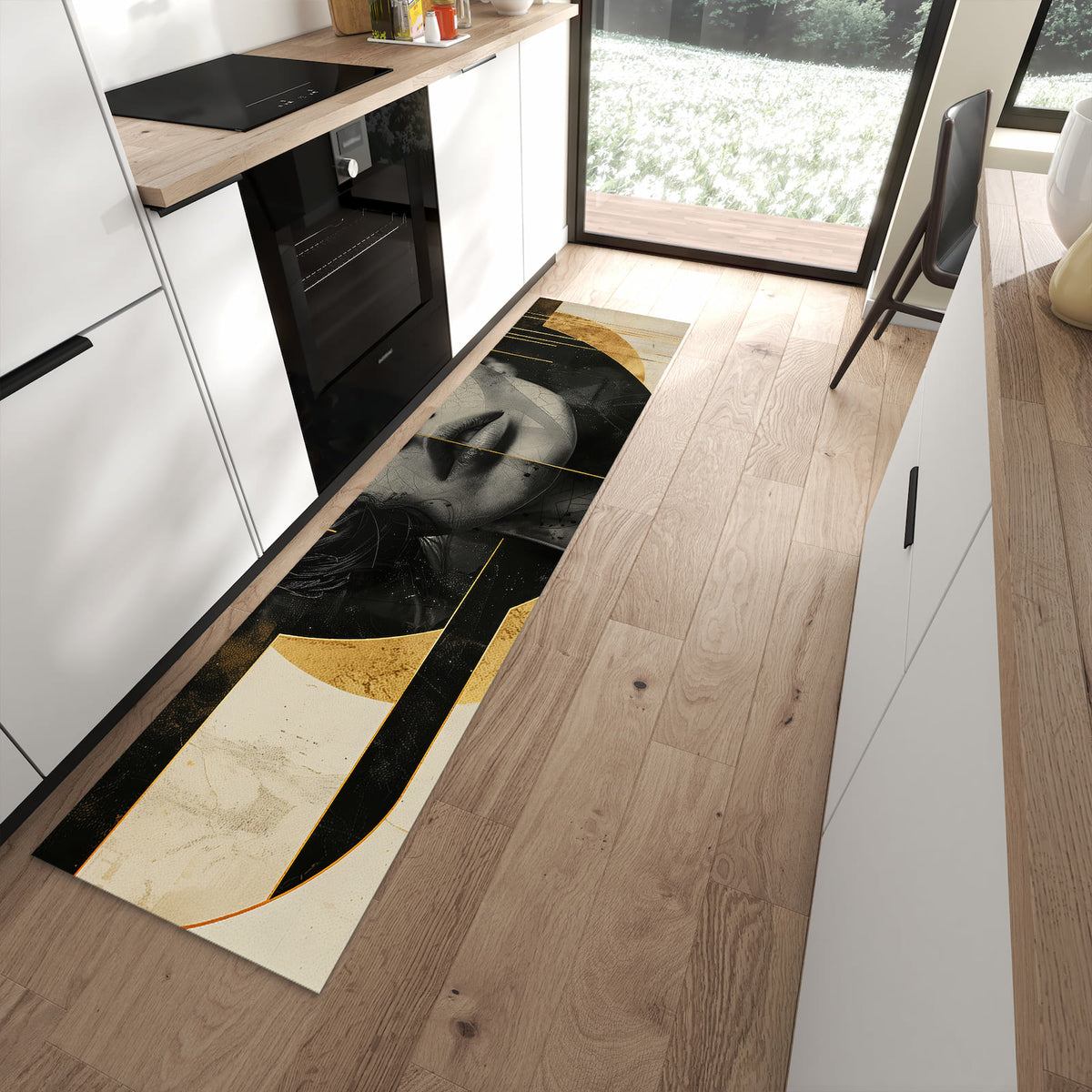 Flacher Küchenteppich mit Motiv Künstlerisches Porträt in moderner Küche