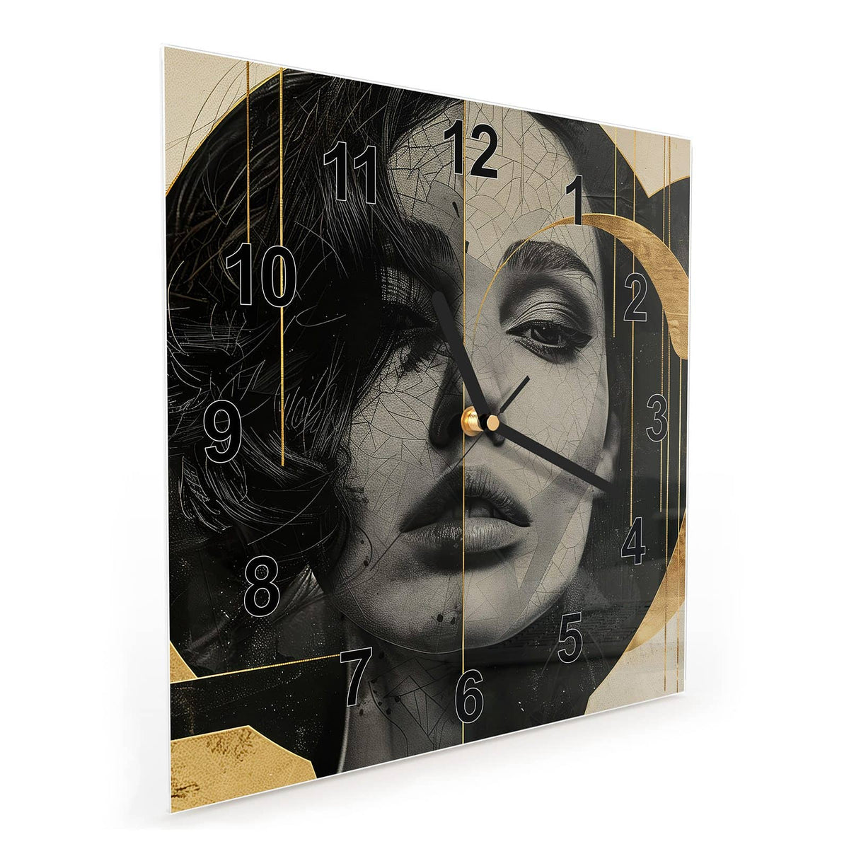 Vormontiert – mit Schwebeeffekt – Wanduhr Künstlerisches Porträt aus Glas – Quadratisch 30 × 30 cm