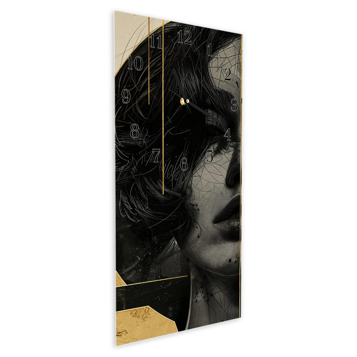 Vormontiert – mit Schwebeeffekt – Wanduhr Künstlerisches Porträt aus Glas – Hochformat 30 × 60 cm