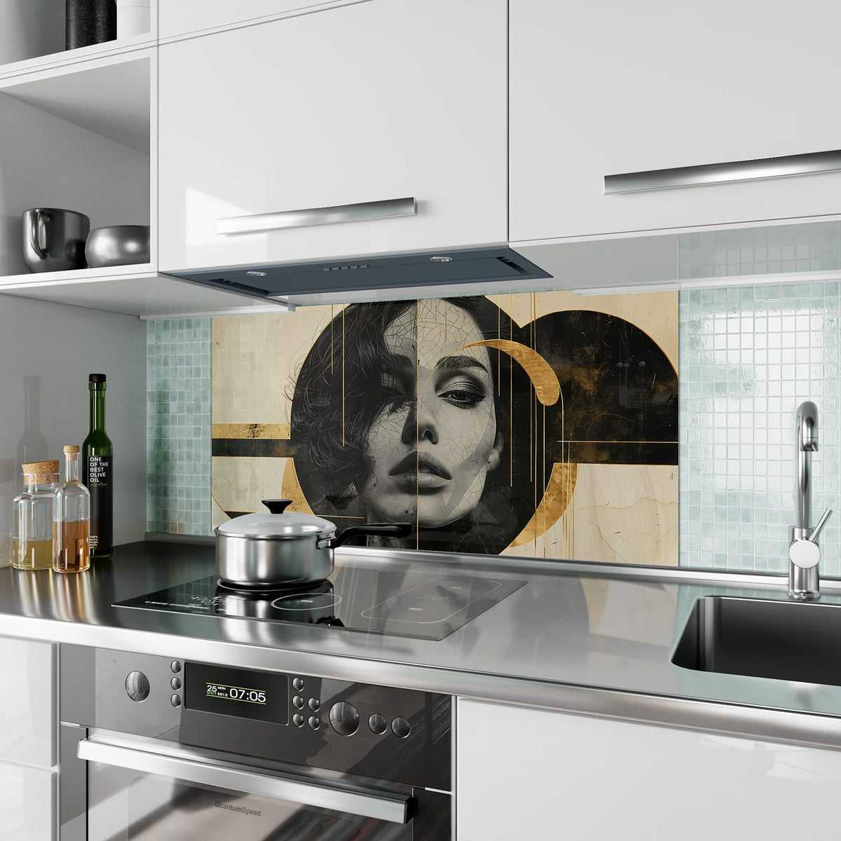 Küchenrückwand aus Glas Porträt mit Blattgold im Hochformat als Spritzschutz hinter dem Kochfeld, über dem Fliesenspiegel montiert
