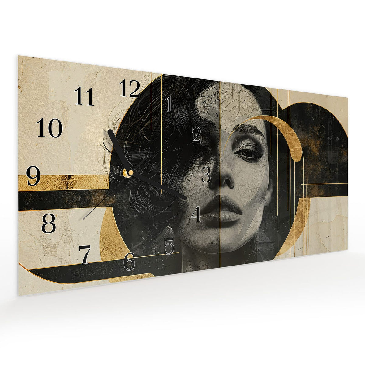Vormontiert – mit Schwebeeffekt – Wanduhr Künstlerisches Porträt aus Glas – Querformat 60 × 30 cm