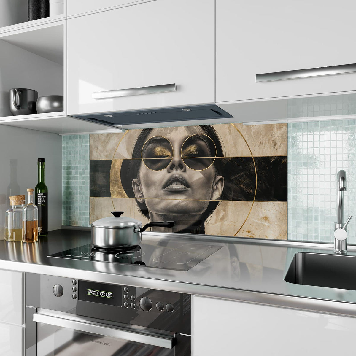 Küchenrückwand aus Glas Porträt mit Goldbrille im Hochformat als Spritzschutz hinter dem Kochfeld, über dem Fliesenspiegel montiert