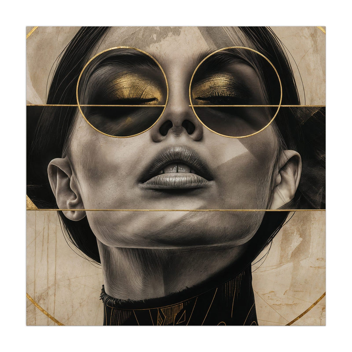 Küchenrückwand aus Glas Porträt mit Goldbrille im quadratischen Format, Motiv bildfüllend von vorn