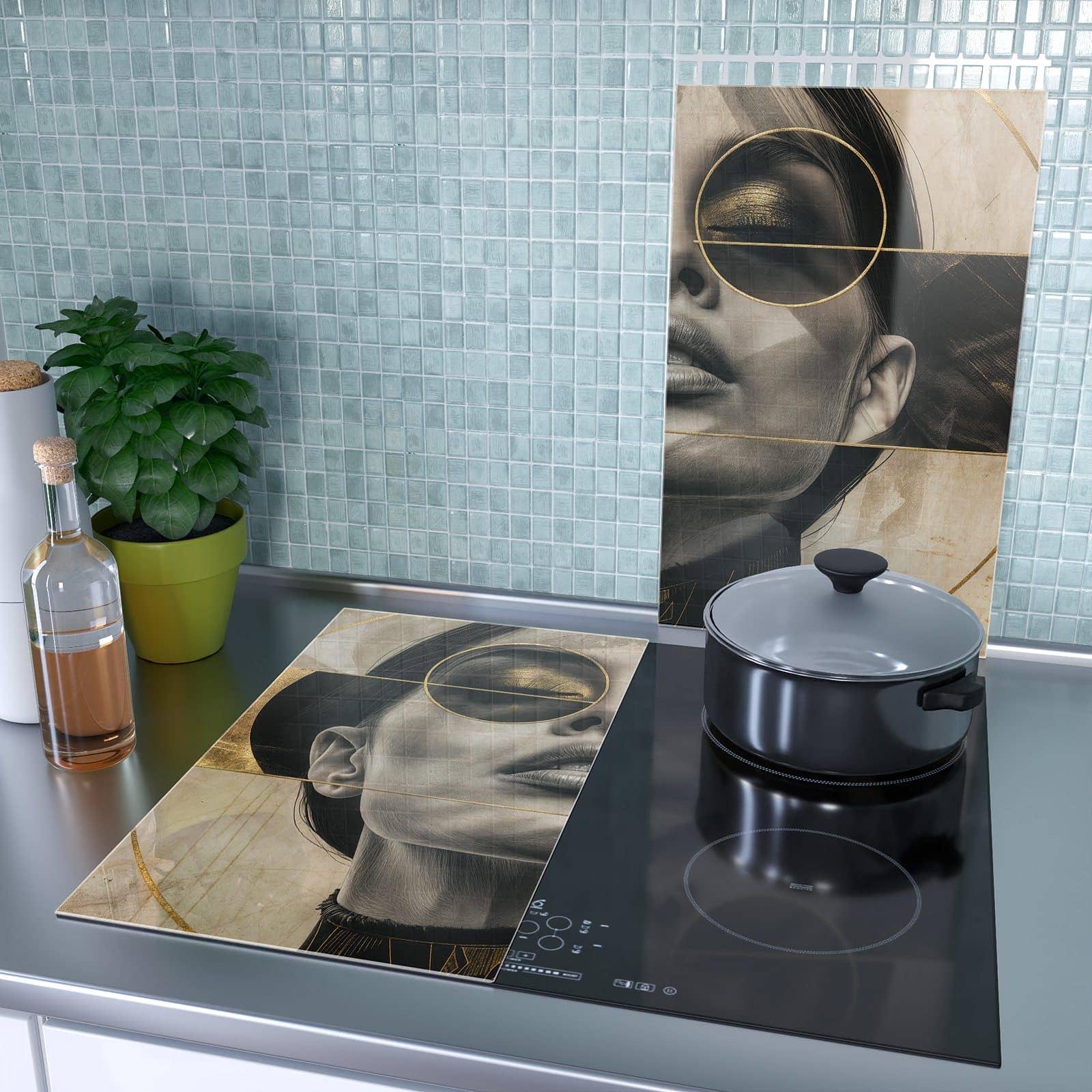 2-teilige Abdeckplatten für Ceranfeld mit Abstrakte Sonnenbrille-Motiv als Spritzschutz hinter dem Kochfeld