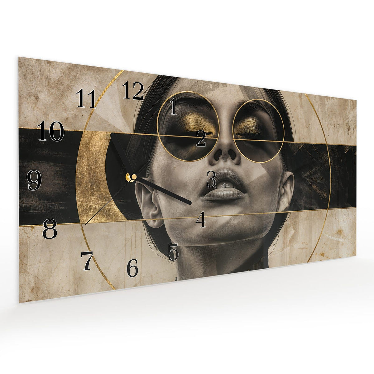 Vormontiert – mit Schwebeeffekt – Wanduhr Abstrakte Sonnenbrille aus Glas – Querformat 60 × 30 cm