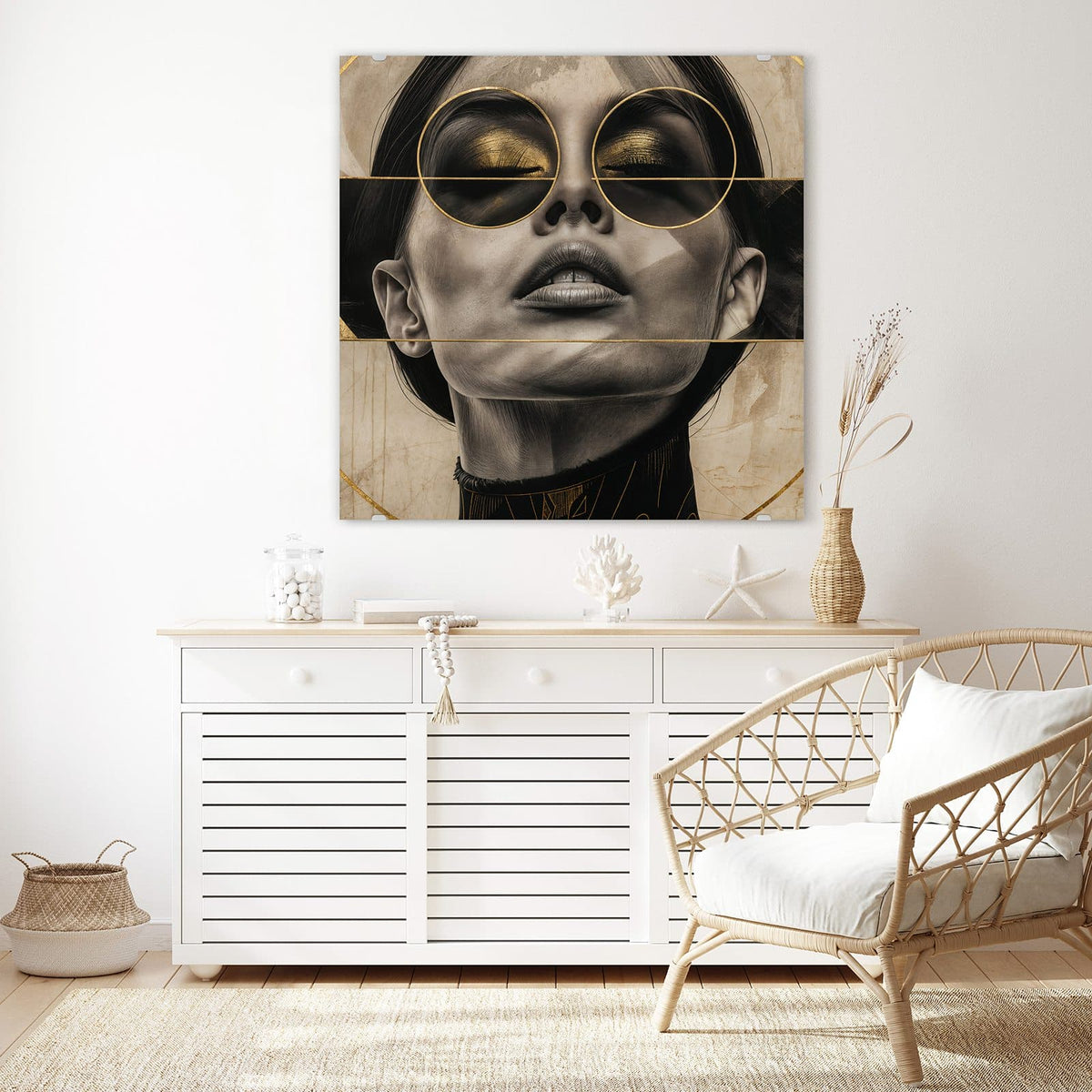 Echtglas, 4 mm – kein Acryl, keine Folie – Wandbild - Porträt mit Goldbrille - Quadratisch