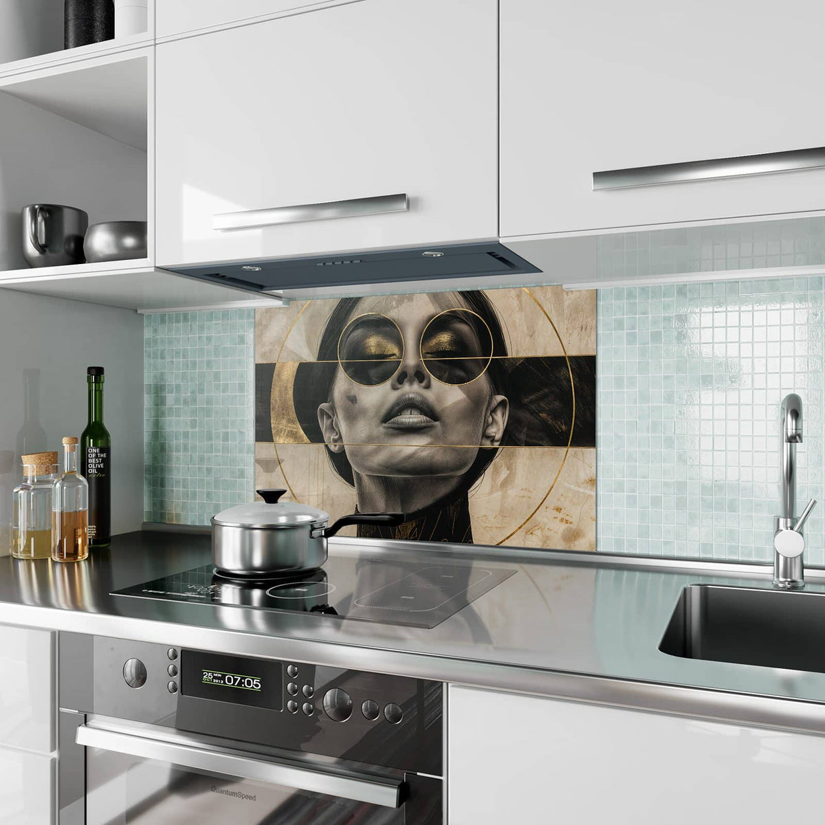 Küchenrückwand aus Glas Porträt mit Goldbrille im Hochformat als Spritzschutz hinter dem Kochfeld, über dem Fliesenspiegel montiert