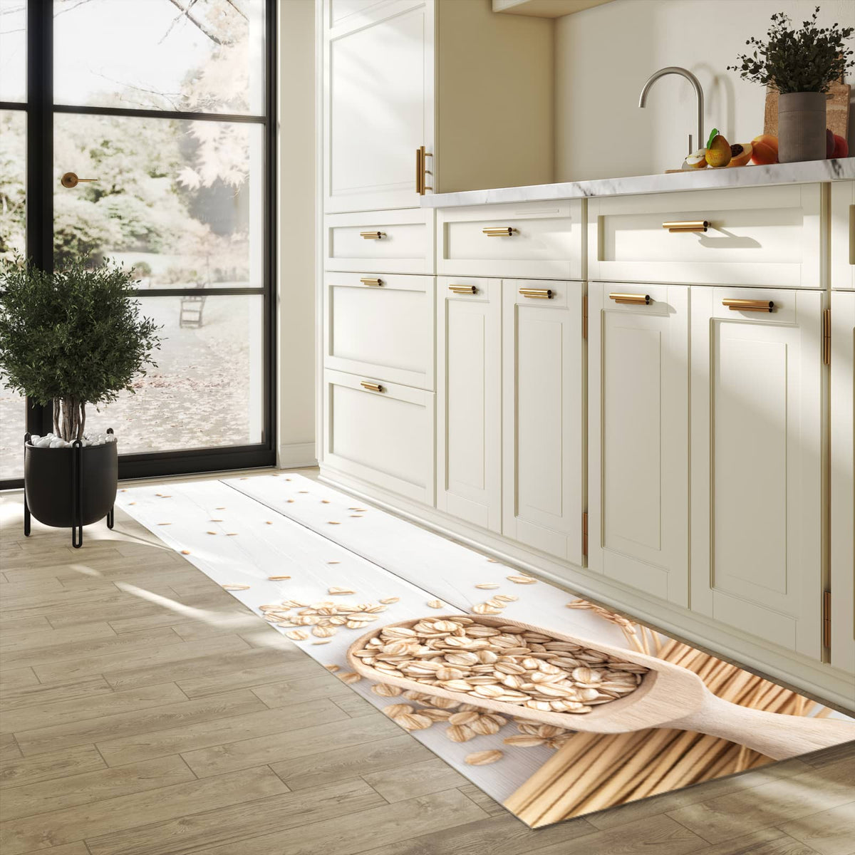 Fleckenresistenter langer Teppich mit Motiv Weizenoer Selektion in heller Küche