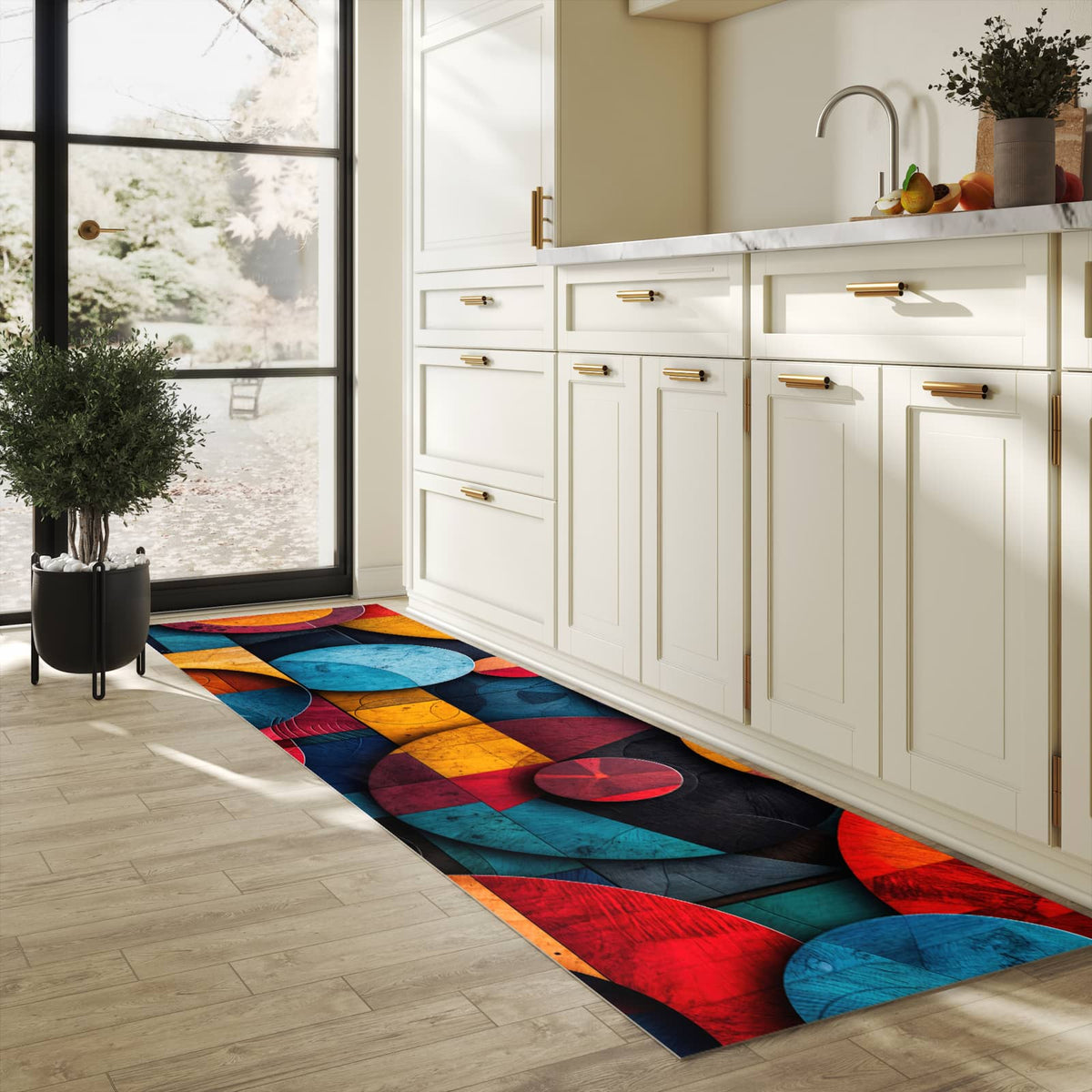 Feuchtigkeitsresistenter Küchenteppich mit Motiv Bunte Kreise in heller Küche