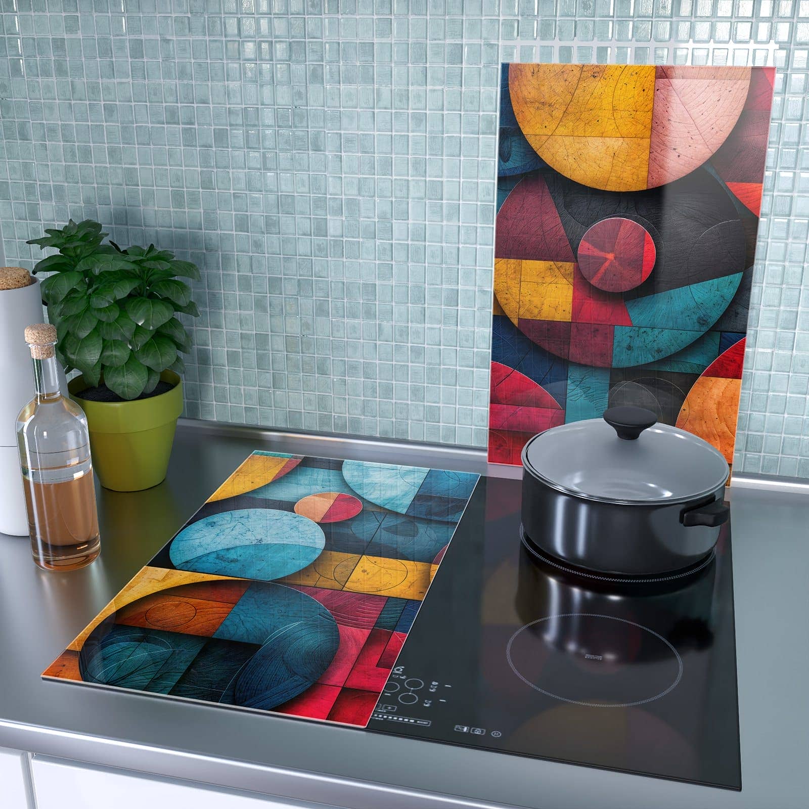 2-teilige Kochfeldabdeckung mit Bunte Kreise-Motiv als Spritzschutz hinter dem Kochfeld