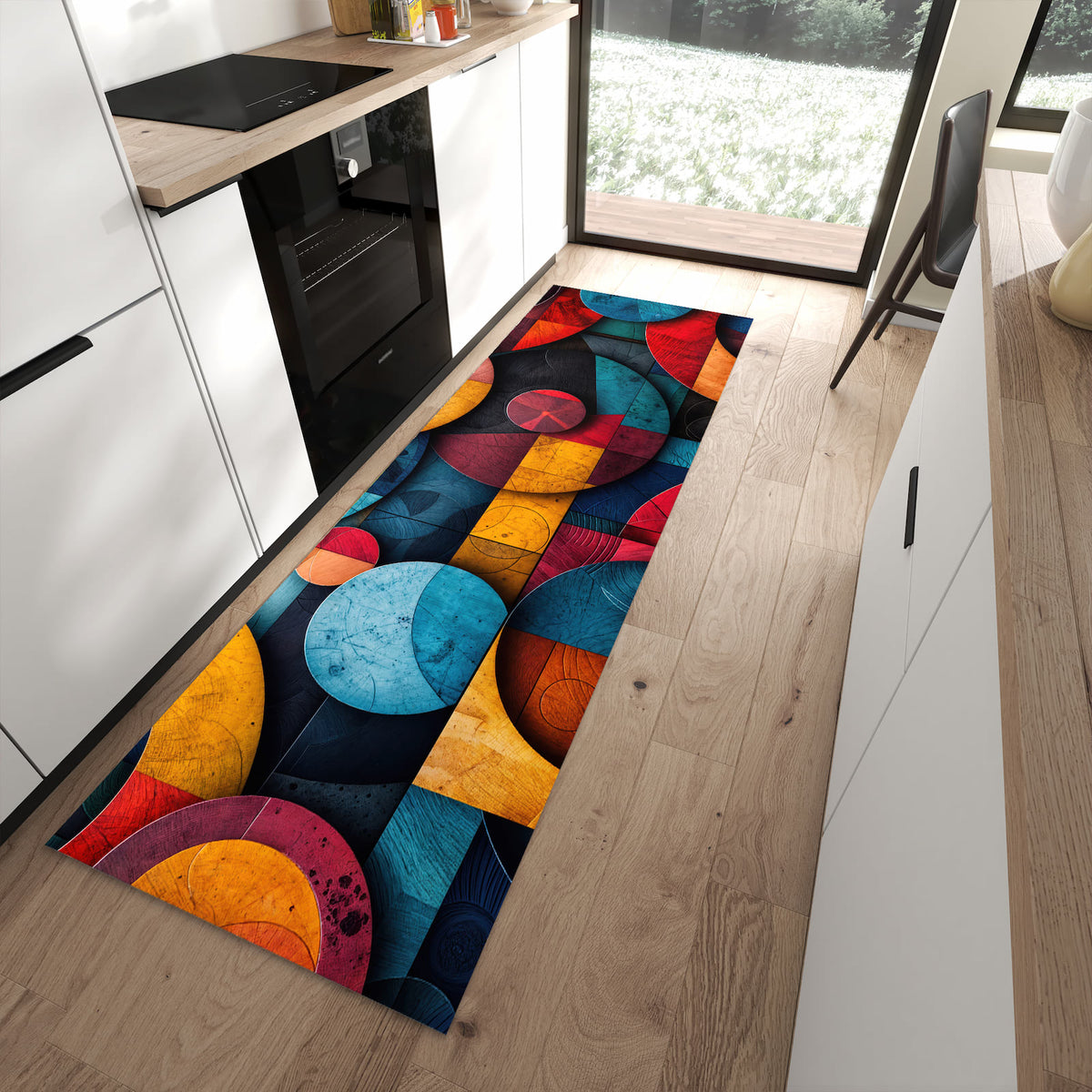 Rutschfester Küchenteppich mit Motiv Bunte Kreise für Trittkomfort in moderner Küche