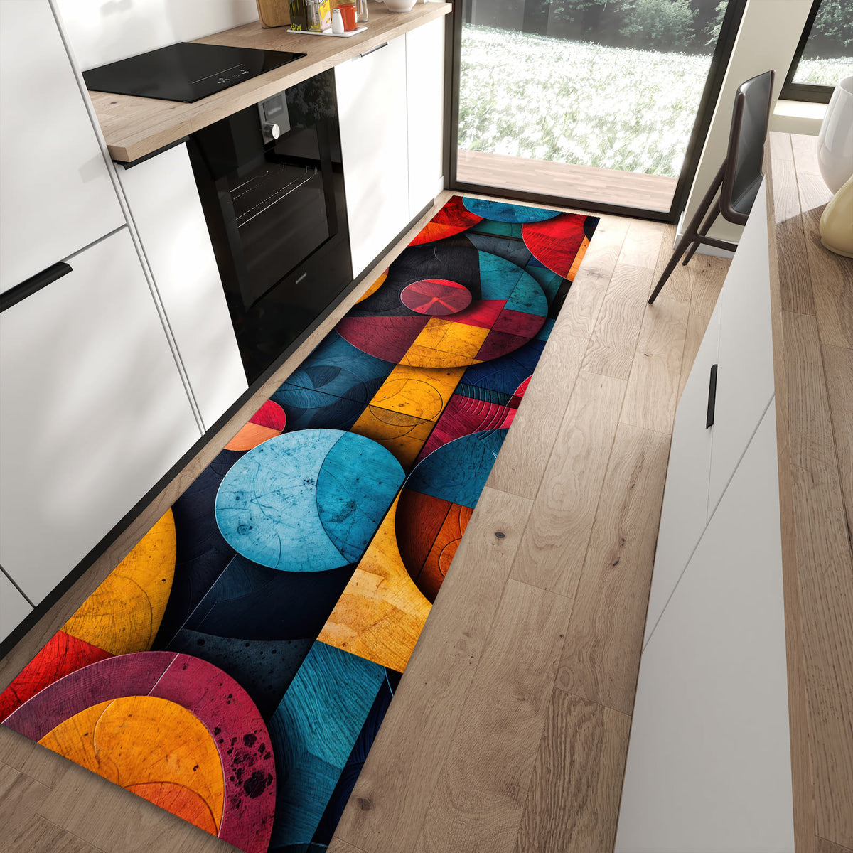 Fleckenresistenter waschbarer Teppich mit Motiv Bunte Kreise in moderner Küche