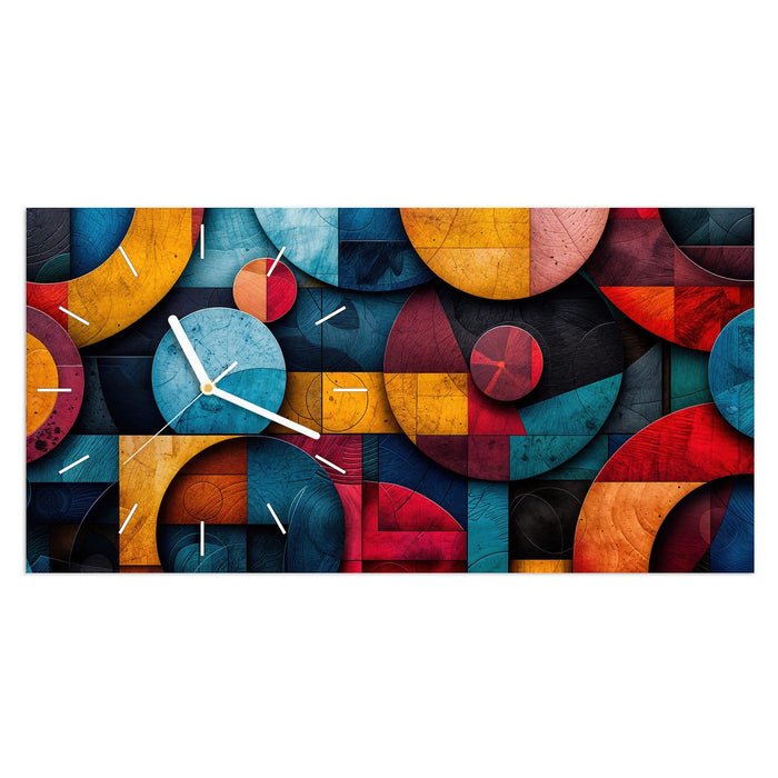 Wanduhr Bunte Kreise aus Glas – Querformat 60 × 30 cm mit Ziffernblatt Linie