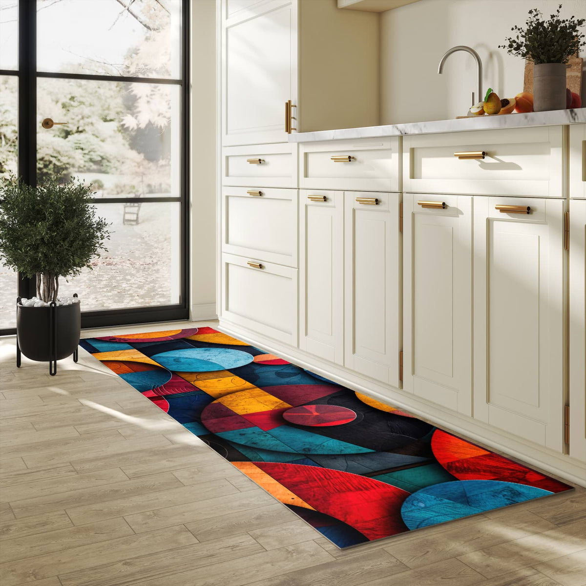 Rutschfester Küchenteppich mit Motiv Bunte Kreise in heller Küche