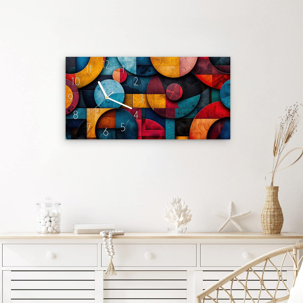 Wanduhr Bunte Kreise aus Glas – Querformat 60 × 30 cm – Kreise und Rechtecke im Bauhaus-Stil