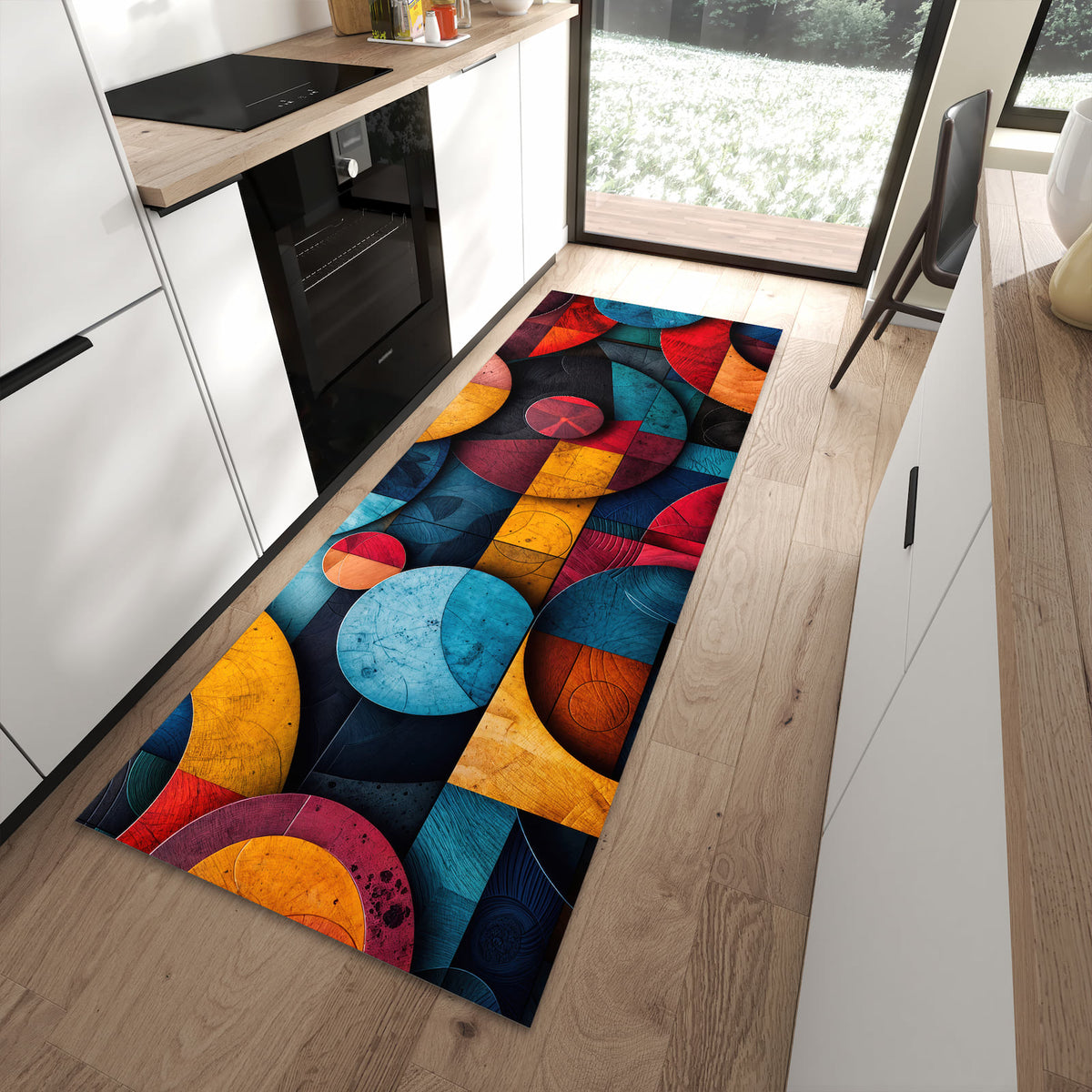 Geruchsneutraler rutschfester Küchenteppich mit Motiv Bunte Kreise in moderner Küche