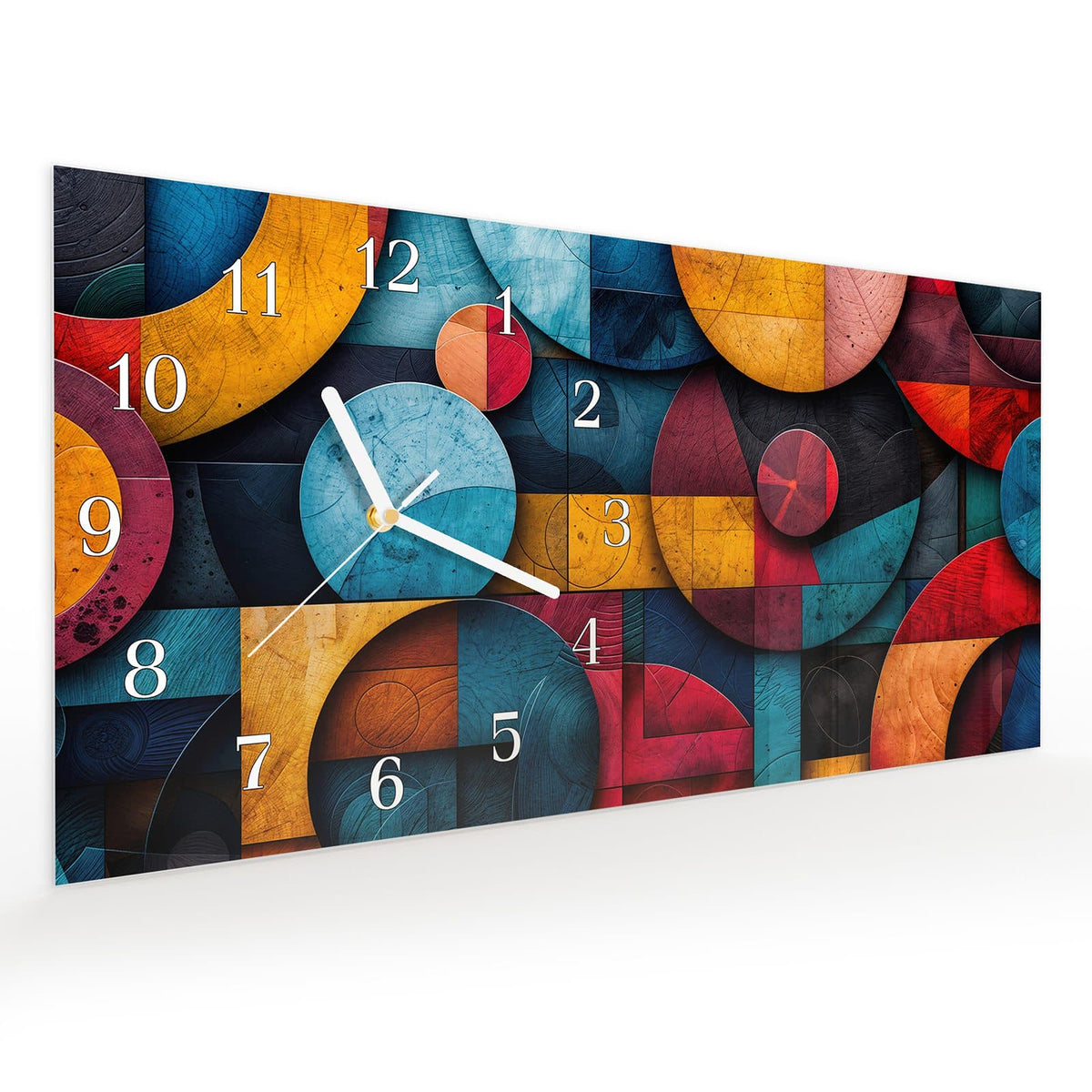 Vormontiert – mit Schwebeeffekt – Wanduhr Bunte Kreise aus Glas – Querformat 60 × 30 cm