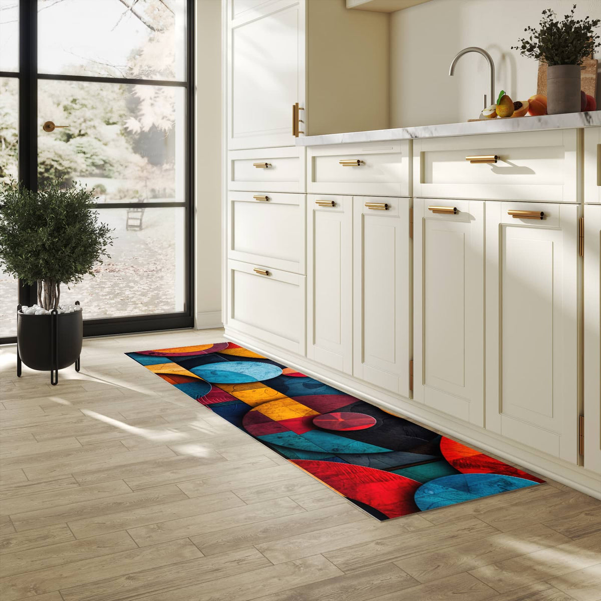Abwaschbarer Küchenteppich mit Motiv Bunte Kreise in heller Küche