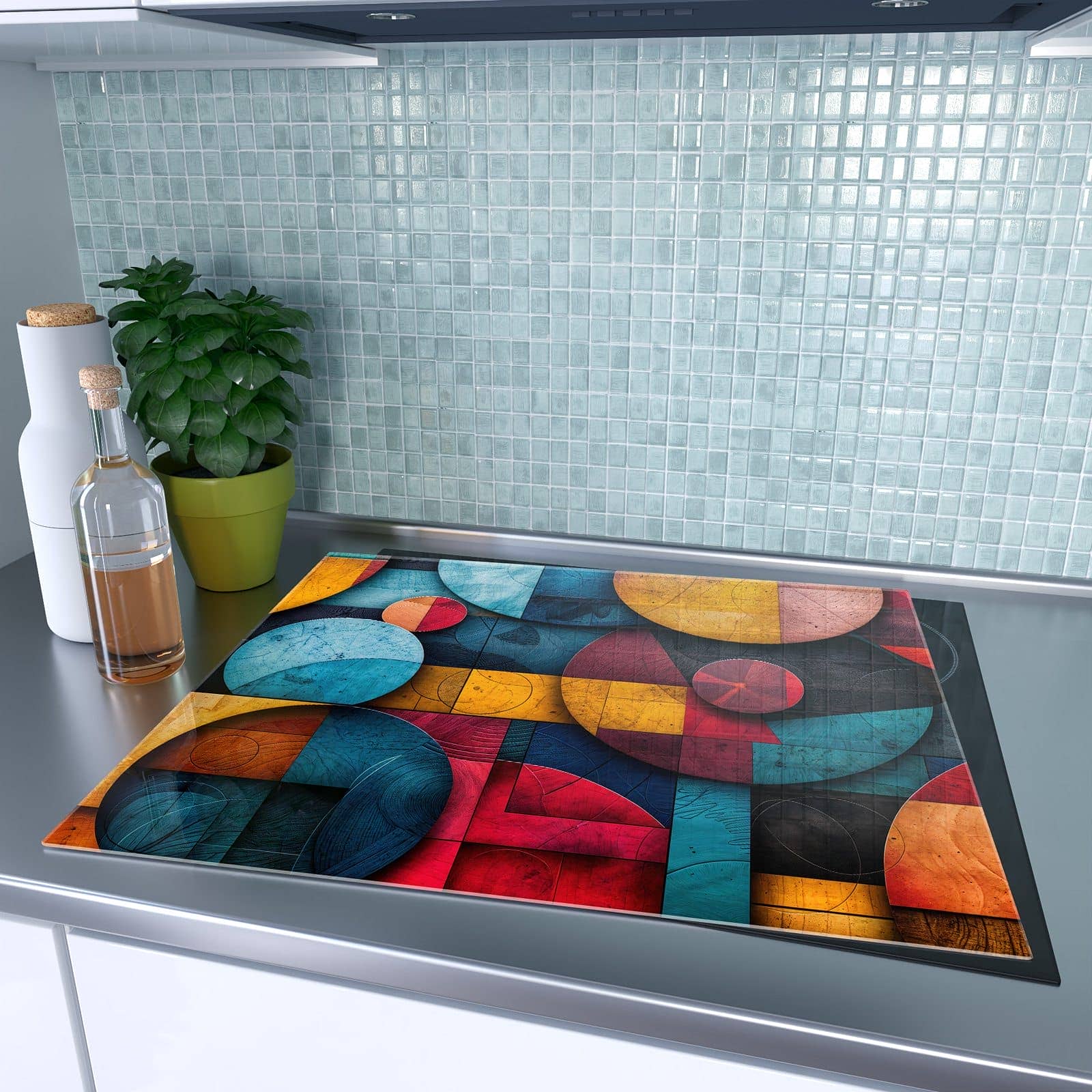 1-teilige Deckplatte aus Glas mit Bunte Kreise-Motiv auf dem Ceranfeld