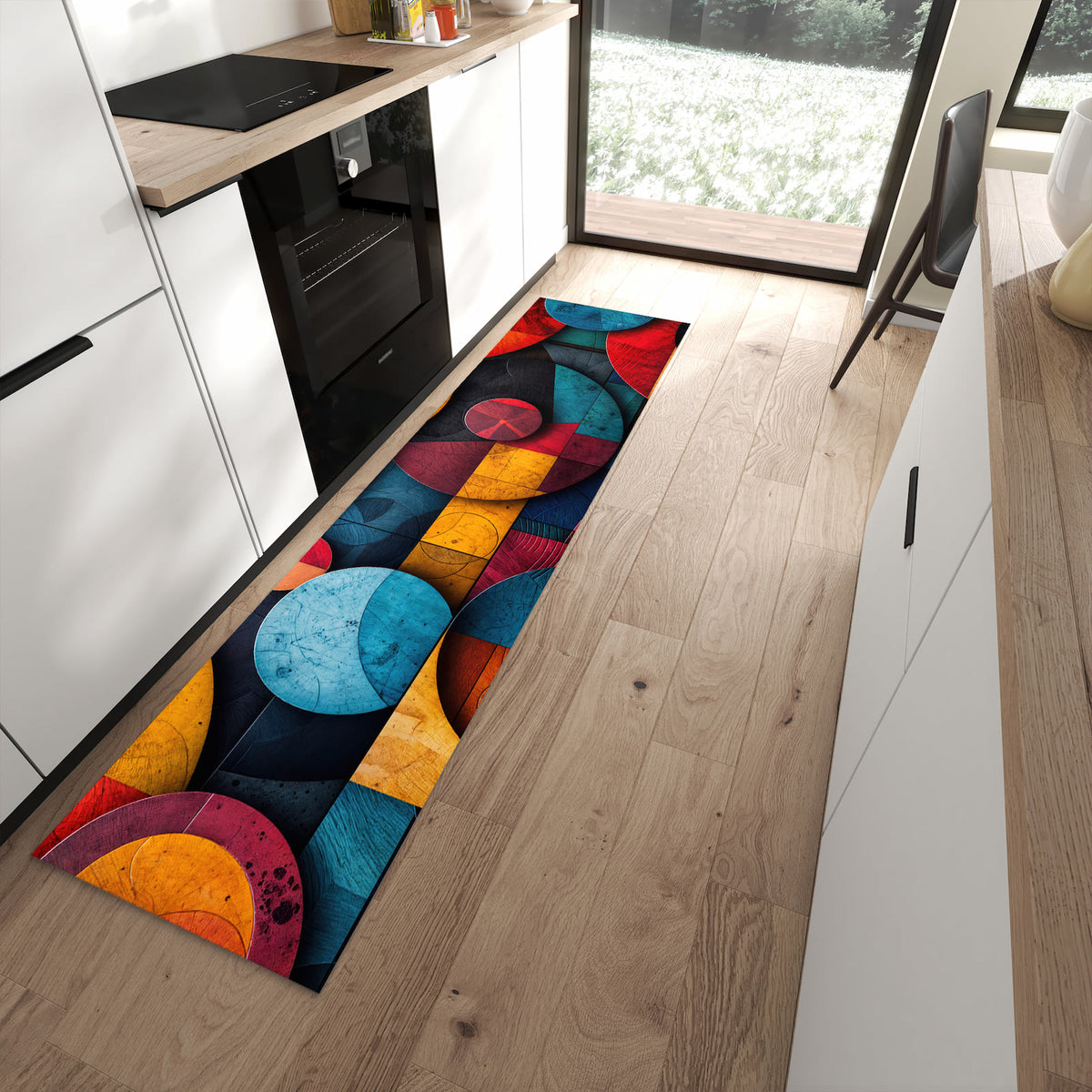 Waschbarer Küchenläufer mit Motiv Bunte Kreise in moderner Küche für sichere Aufbewahrung