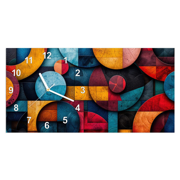 Wanduhr Bunte Kreise aus Glas – Querformat 60 × 30 cm mit Ziffernblatt Modern
