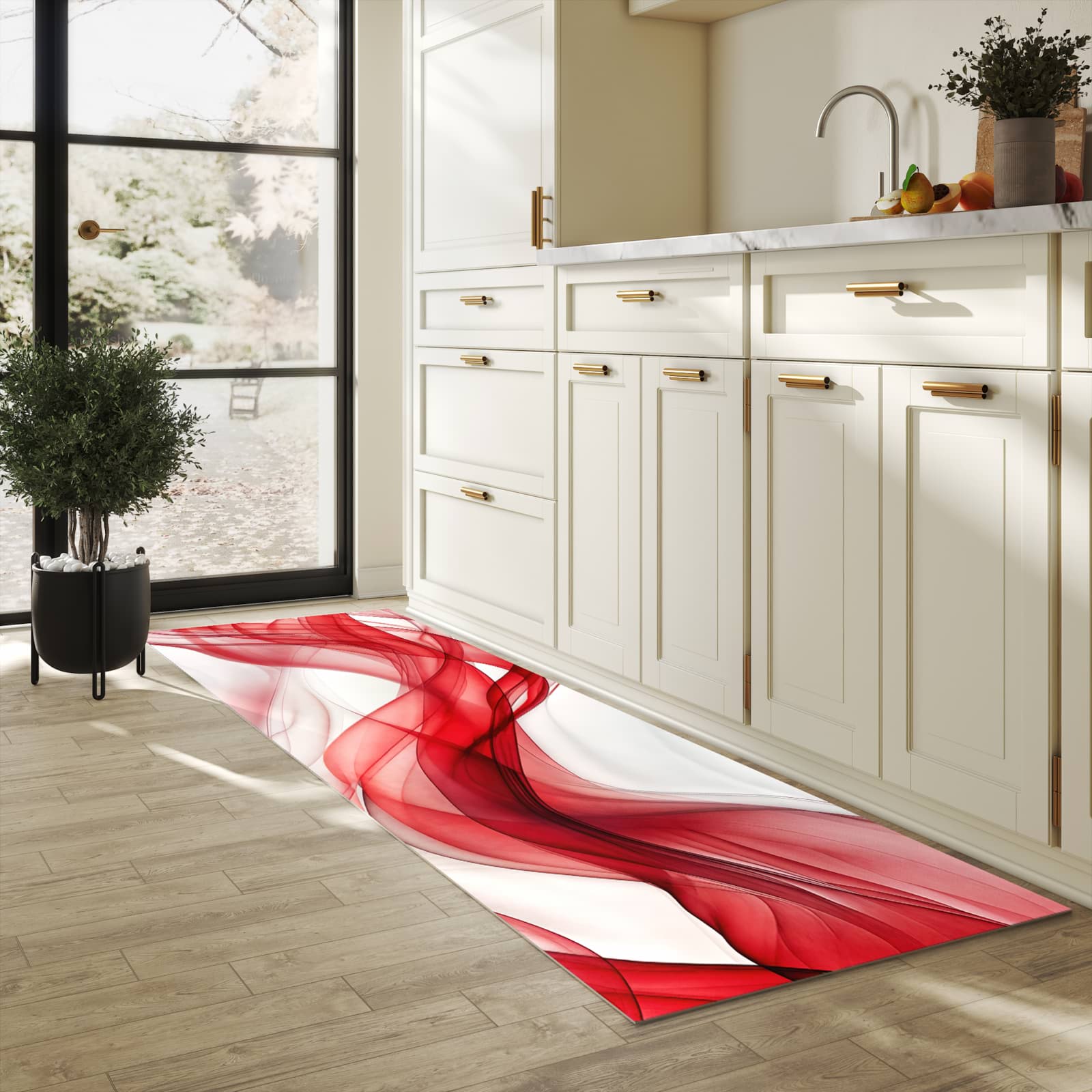 Rutschfester Teppich für Esstisch mit Motiv Farbige Wellen in heller Küche