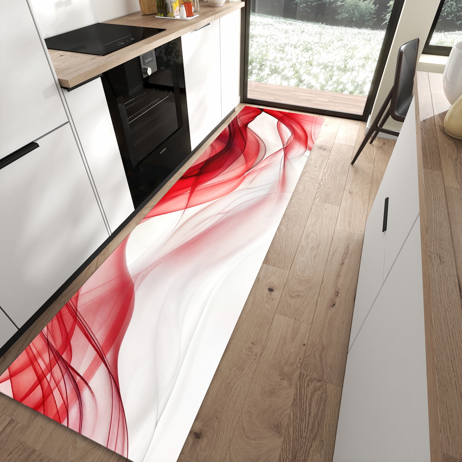 Farbbeständiger Teppichläufer mit Motiv Farbige Wellen in moderner Küche