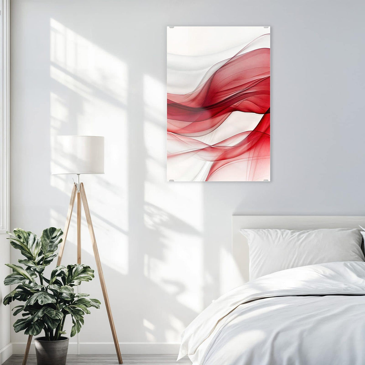 Glasbild Rote Bänder auf Weiß an der Wand – Durchscheinende rote Bänder, die sich wellenförmig über weißen Grund legen.