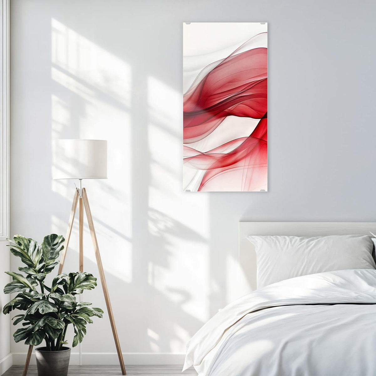 Glasbild Rote Bänder auf Weiß an der Wand – Durchscheinende rote Bänder, die sich wellenförmig über weißen Grund legen.