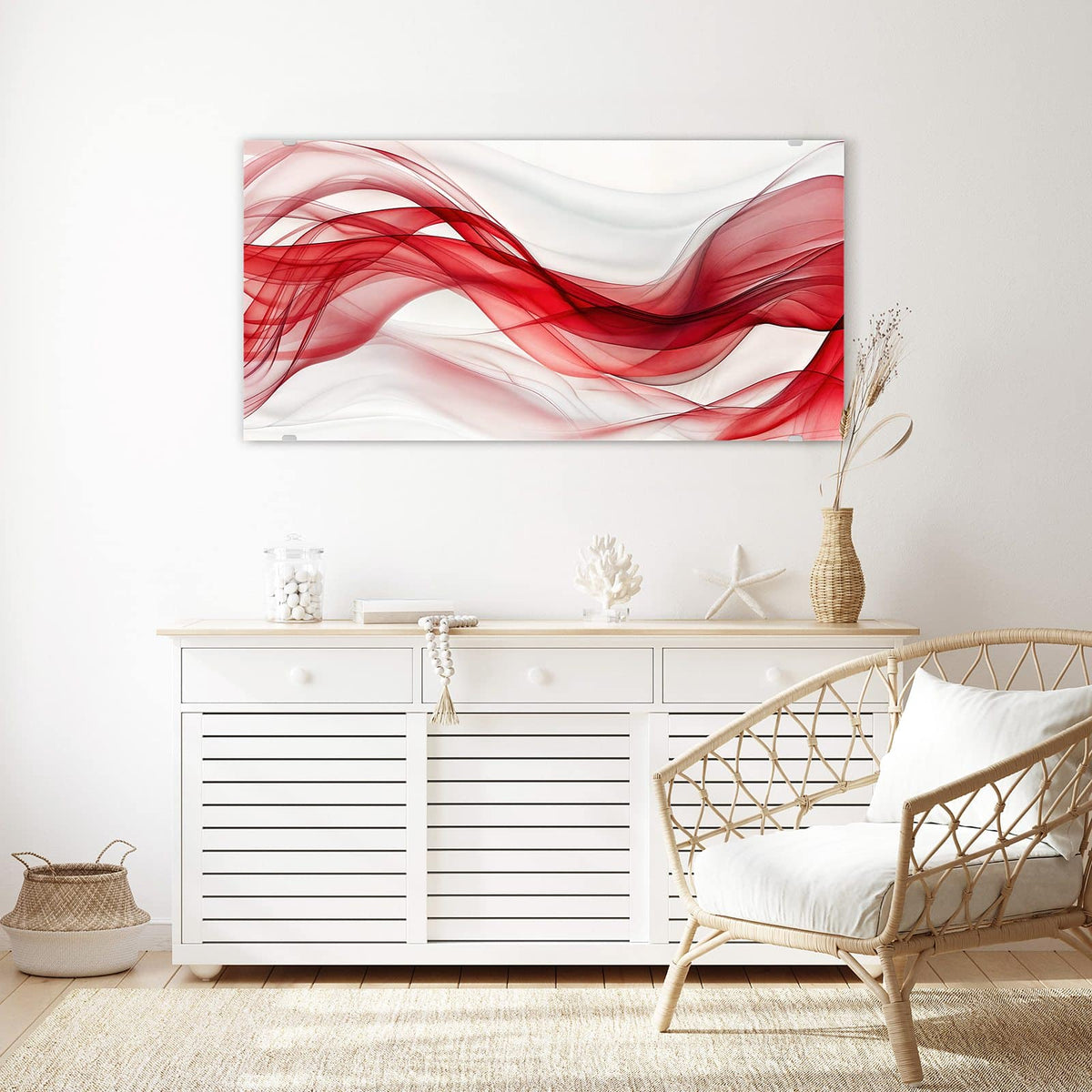 Echtglas, 4 mm – kein Acryl, keine Folie – Wandbild - Rote Bänder auf Weiß - Querformat