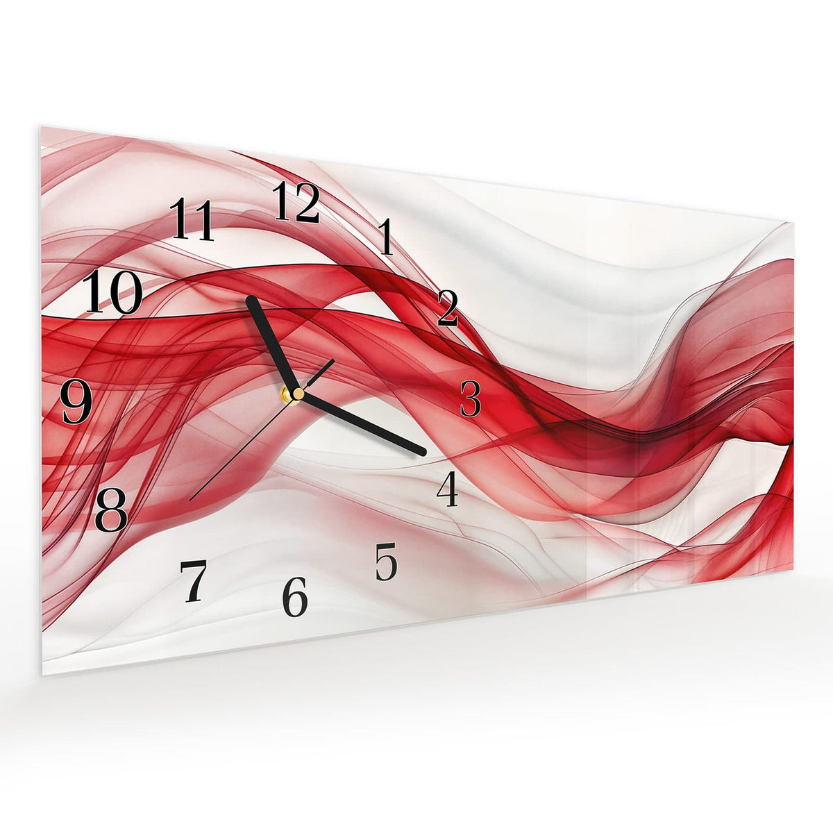 Vormontiert – mit Schwebeeffekt – Wanduhr Farbige Wellen aus Glas – Querformat 60 × 30 cm