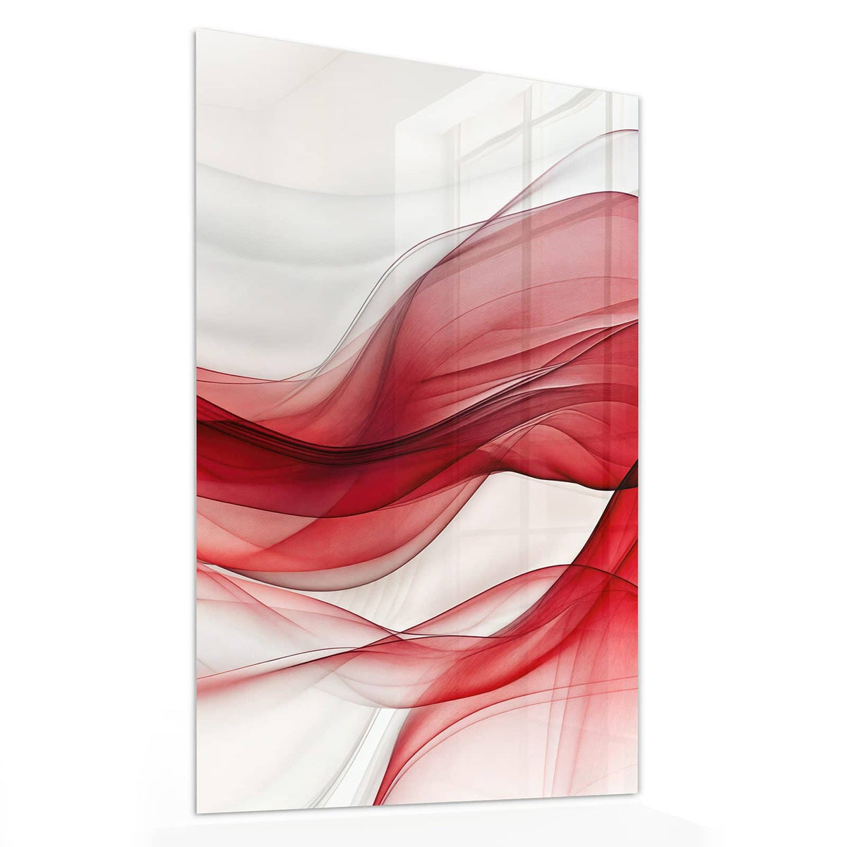 Glasbild Rote Bänder auf Weiß von der Seite, 4 mm Echtglas