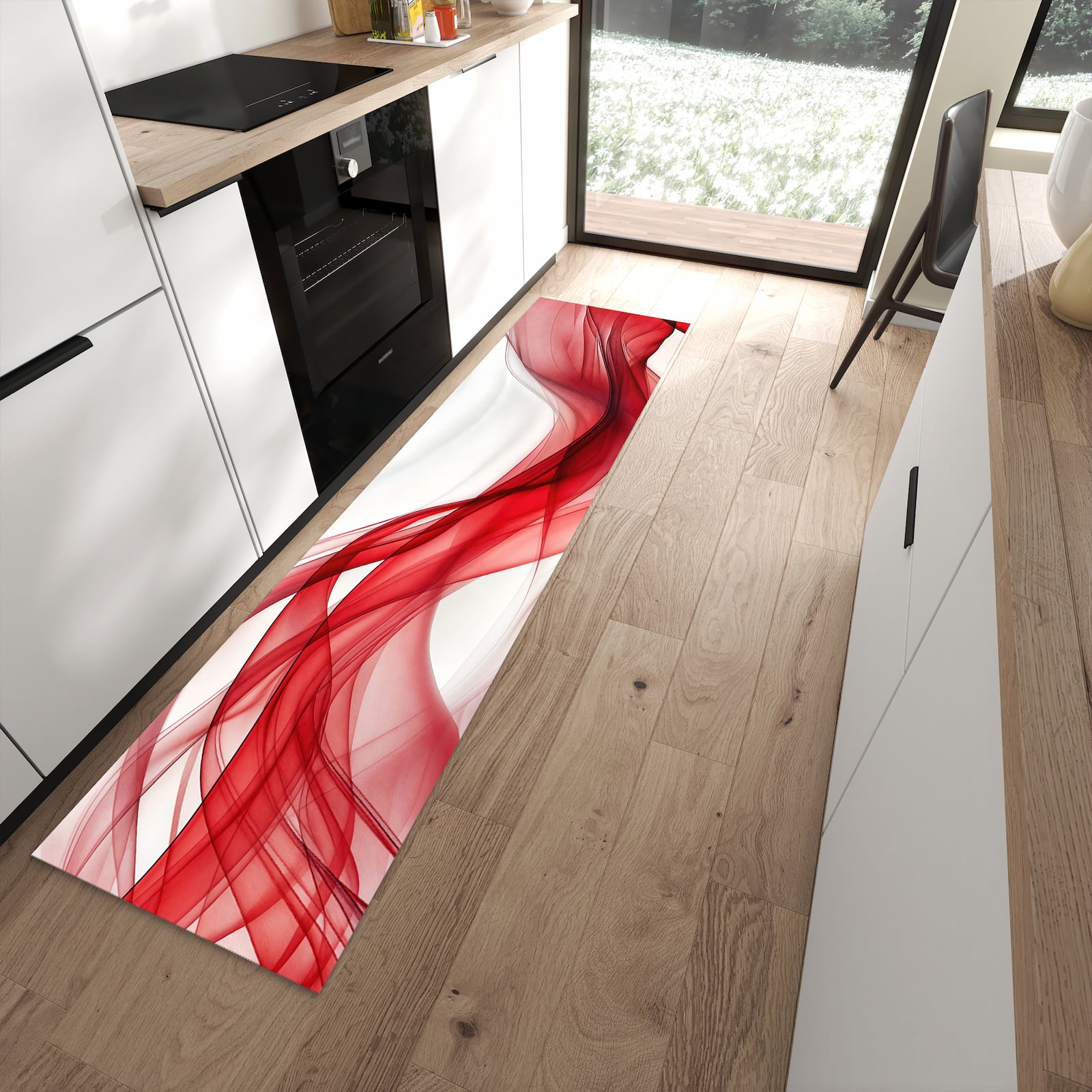 Waschbarer Küchenläufer mit Motiv Farbige Wellen in moderner Küche