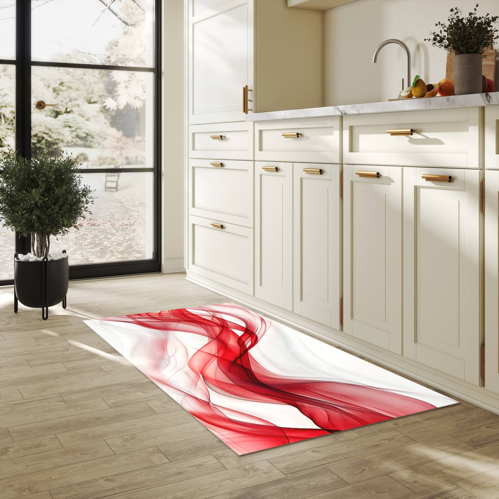 Bodenläufer mit Motiv Farbige Wellen für angenehme Haptik in heller Küche