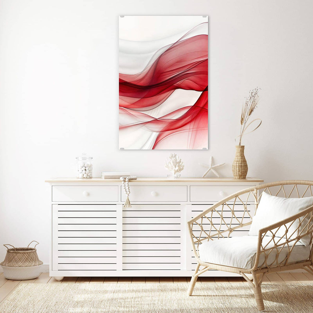 Glasbild Rote Bänder auf Weiß an der Wand – Durchscheinende rote Bänder, die sich wellenförmig über weißen Grund legen.