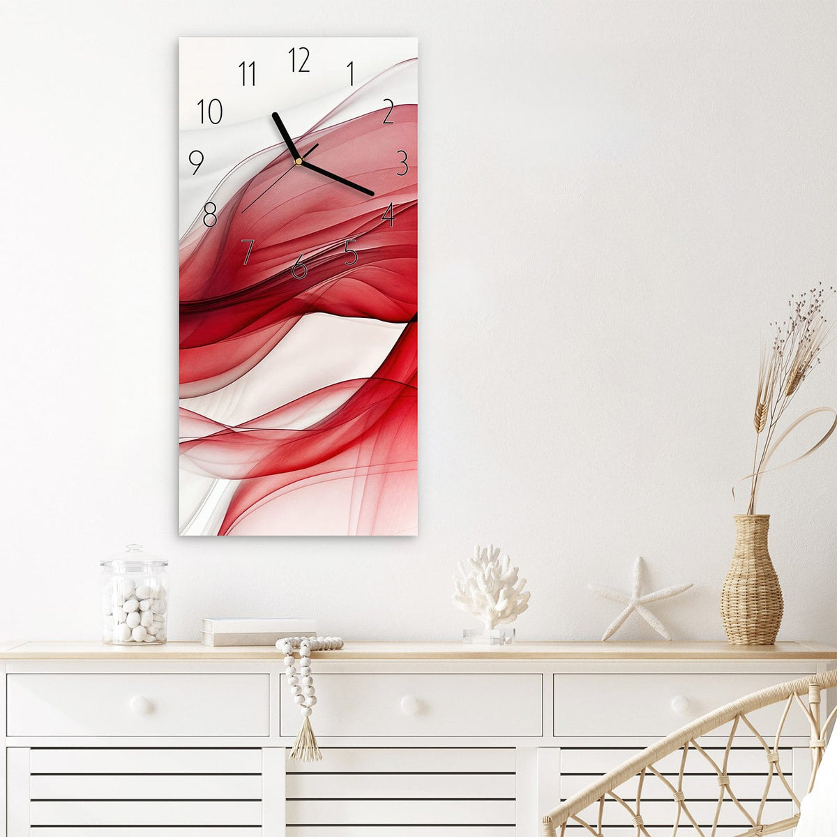 Wanduhr Farbige Wellen aus Glas – Schwungvolle Bänder in Rot und Weiß