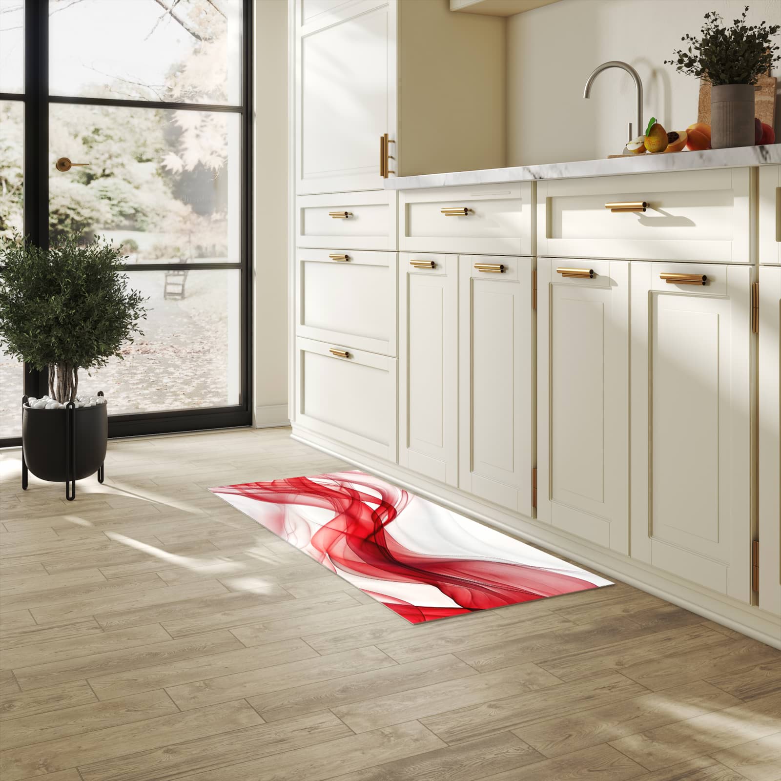 Wasserabweisender Küchenläufer mit Motiv Farbige Wellen in heller Küche