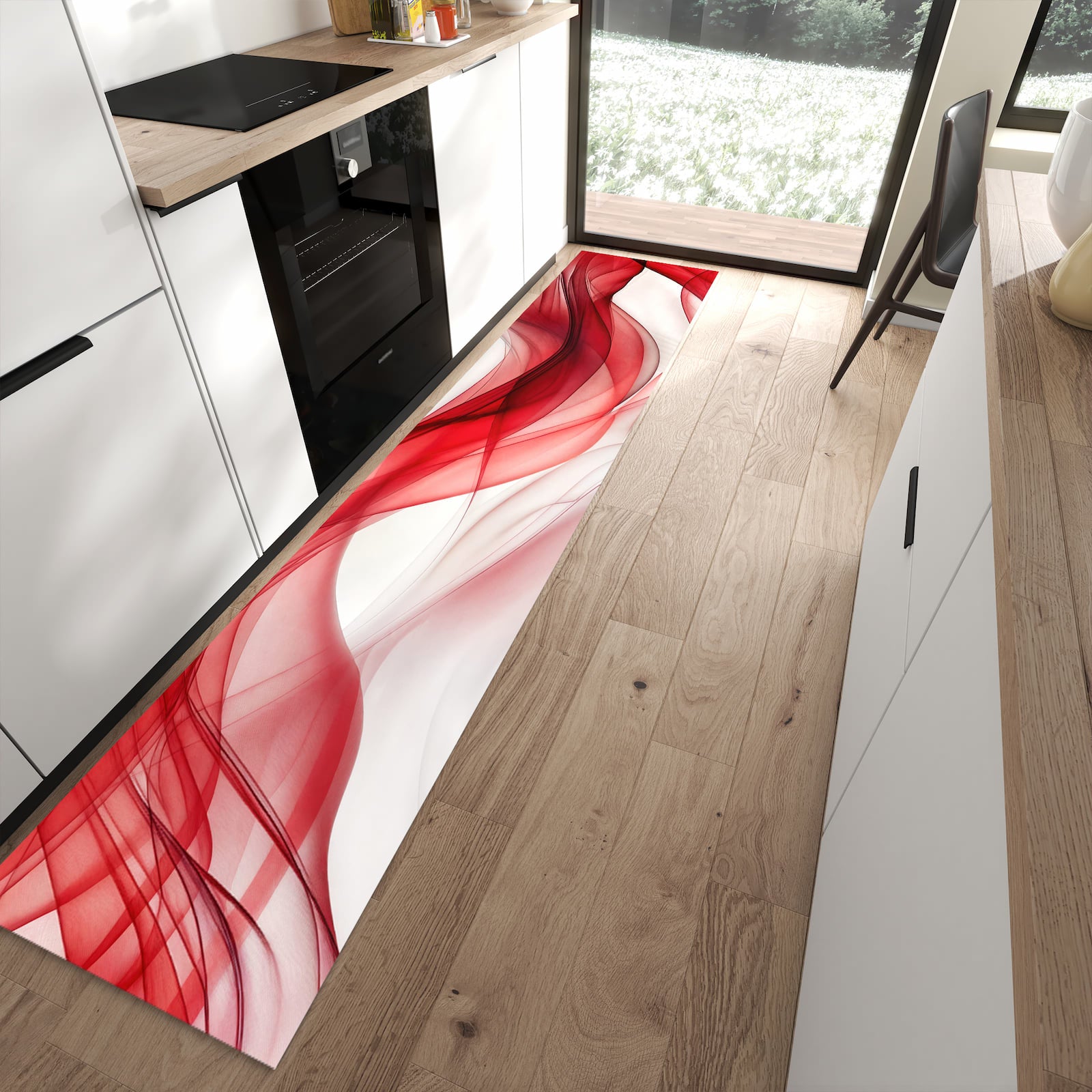 Rutschfester Küchenläufer mit Motiv Farbige Wellen in moderner Küche