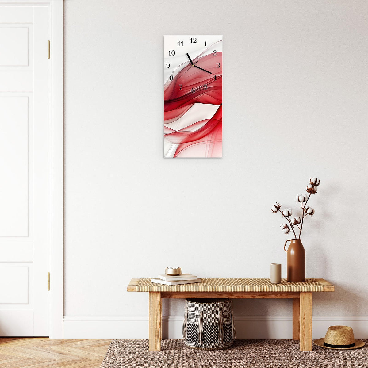 Moderne Wanduhr aus Glas mit Farbtiefe – Wanduhr Farbige Wellen aus Glas – Hochformat 30 × 60 cm