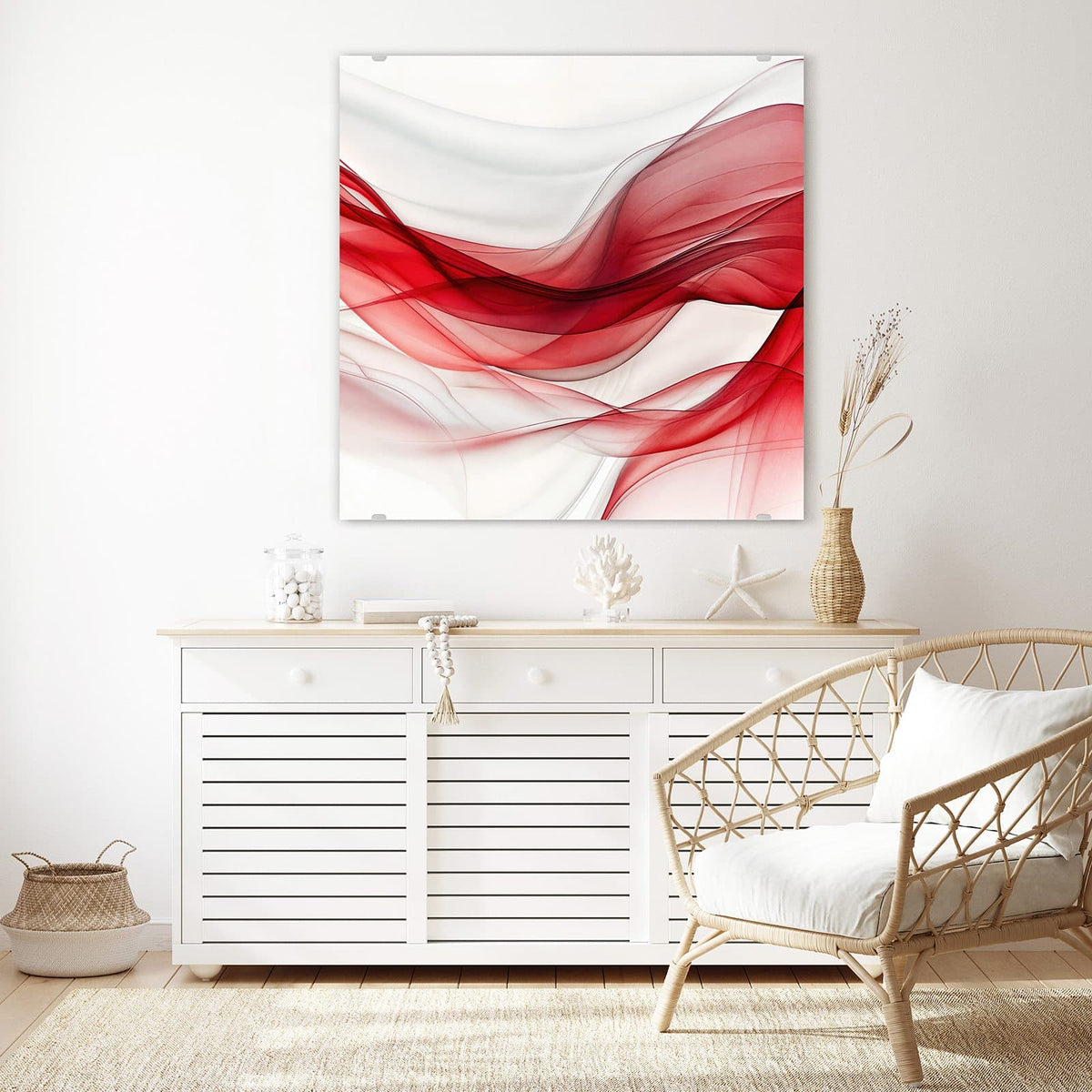 Glasbild Rote Bänder auf Weiß an der Wand – Durchscheinende rote Bänder, die sich wellenförmig über weißen Grund legen.
