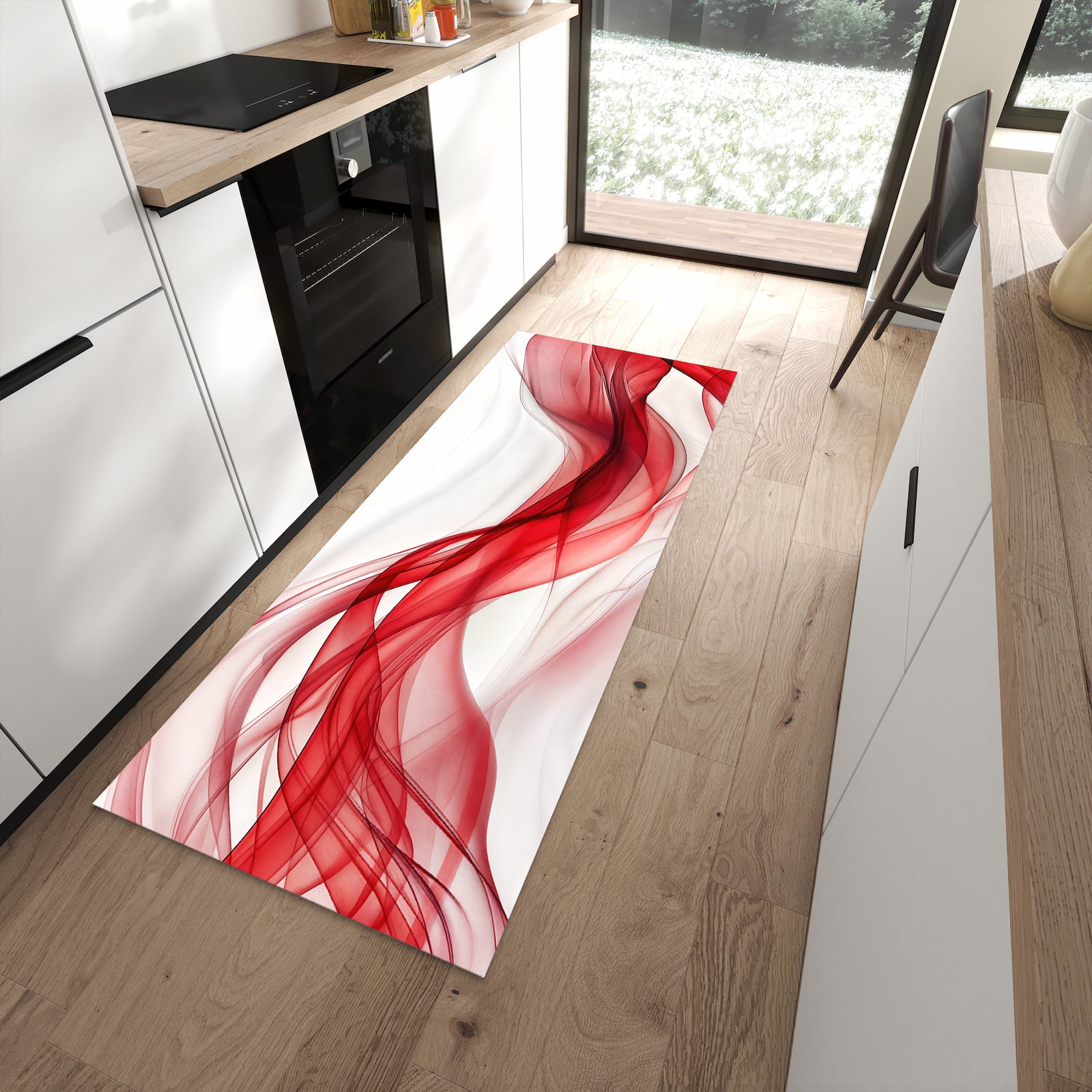 Bodenschonender Küchenteppich mit Motiv Farbige Wellen in moderner Küche