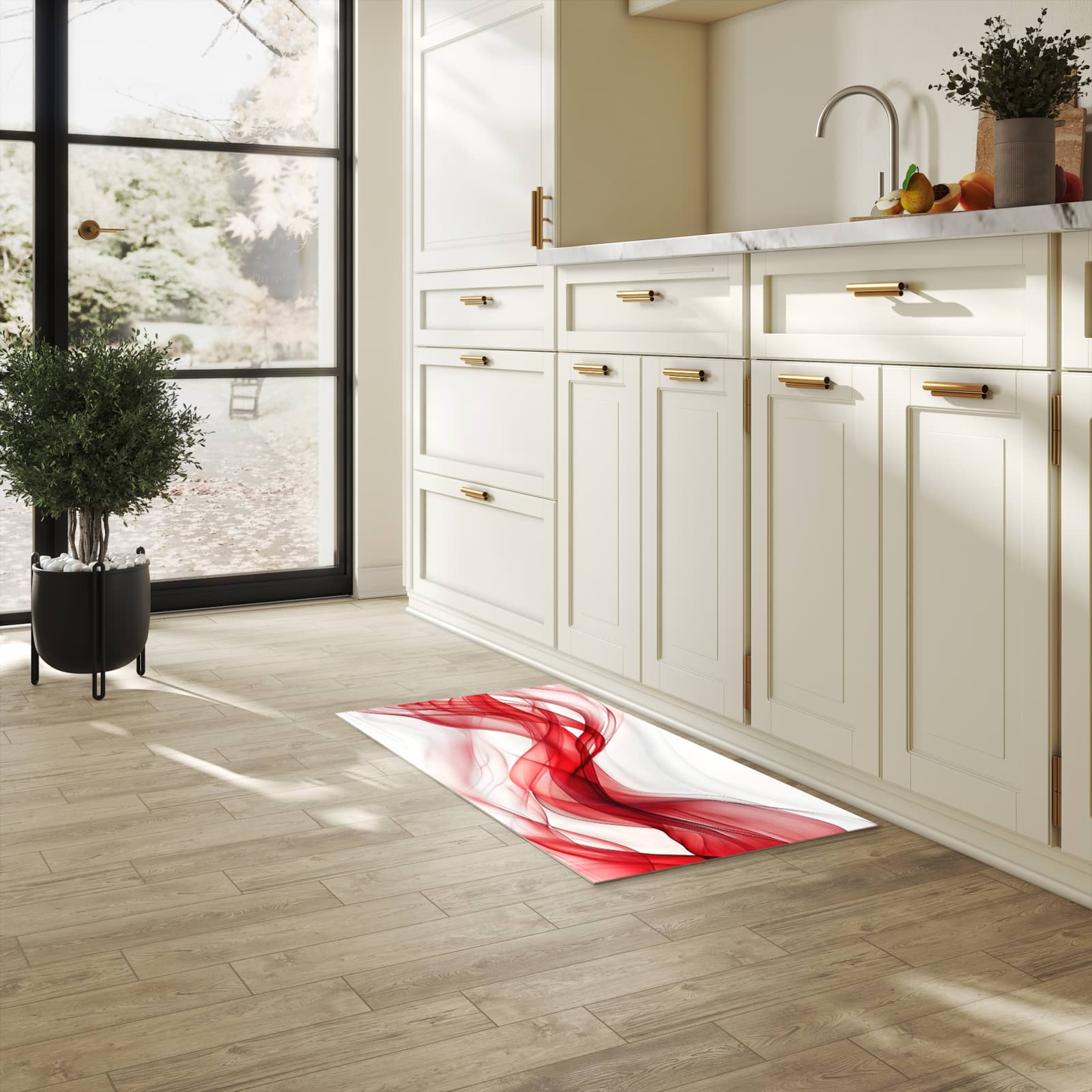 Waschbarer Küchenläufer mit Motiv Farbige Wellen für Trittkomfort in heller Küche