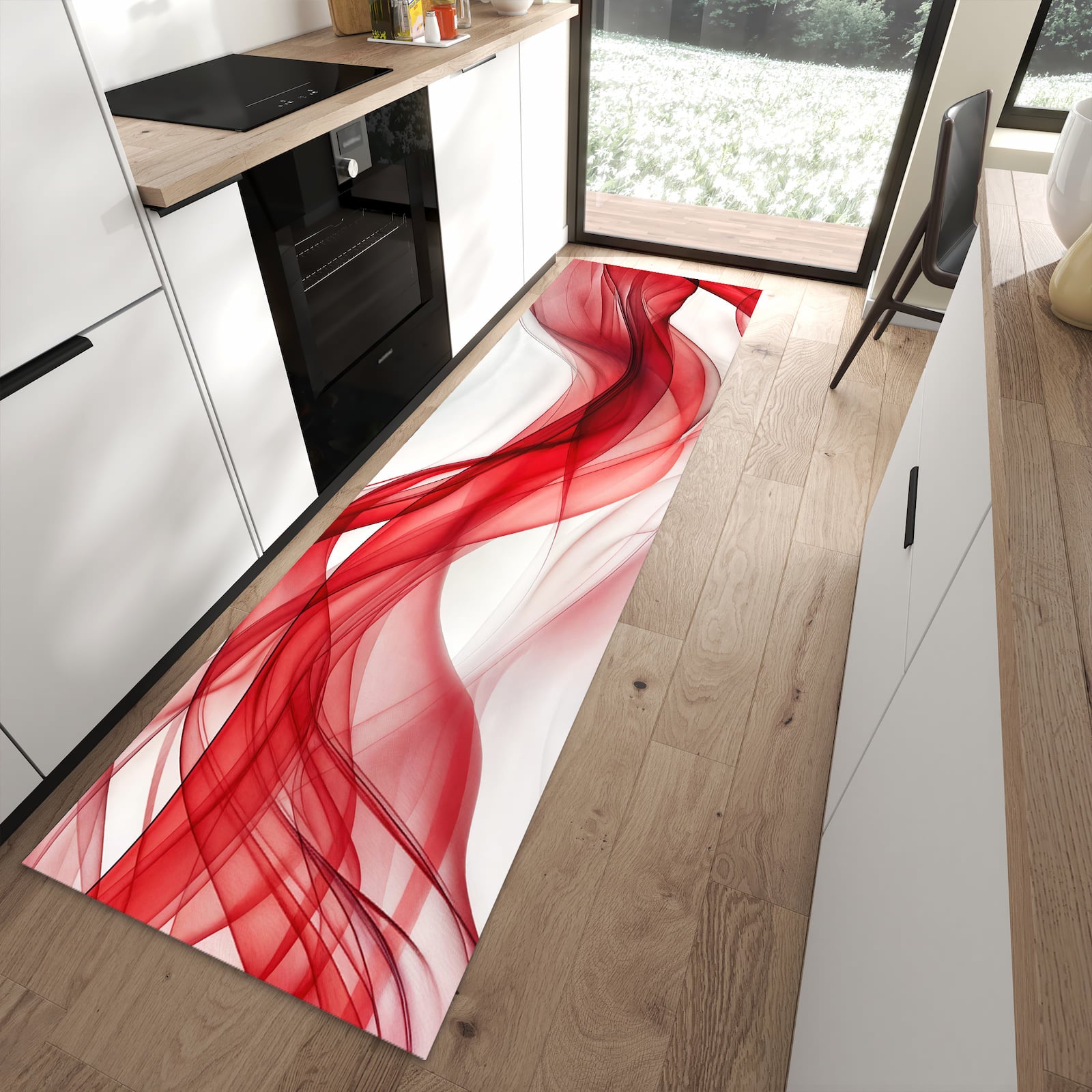 Bodenschonender Küchenläufer mit Motiv Farbige Wellen in moderner Küche