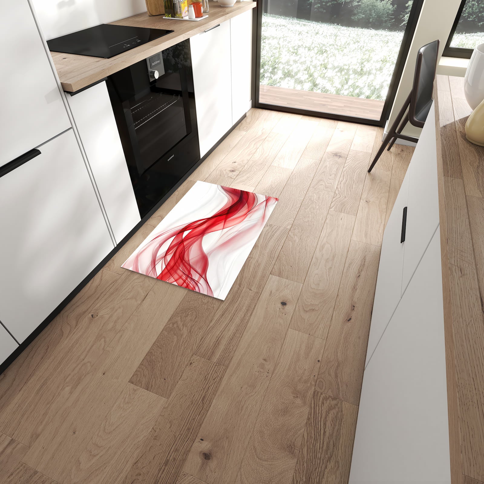 Feuchtigkeitsresistenter Küchenvorleger mit Motiv Farbige Wellen in moderner Küche