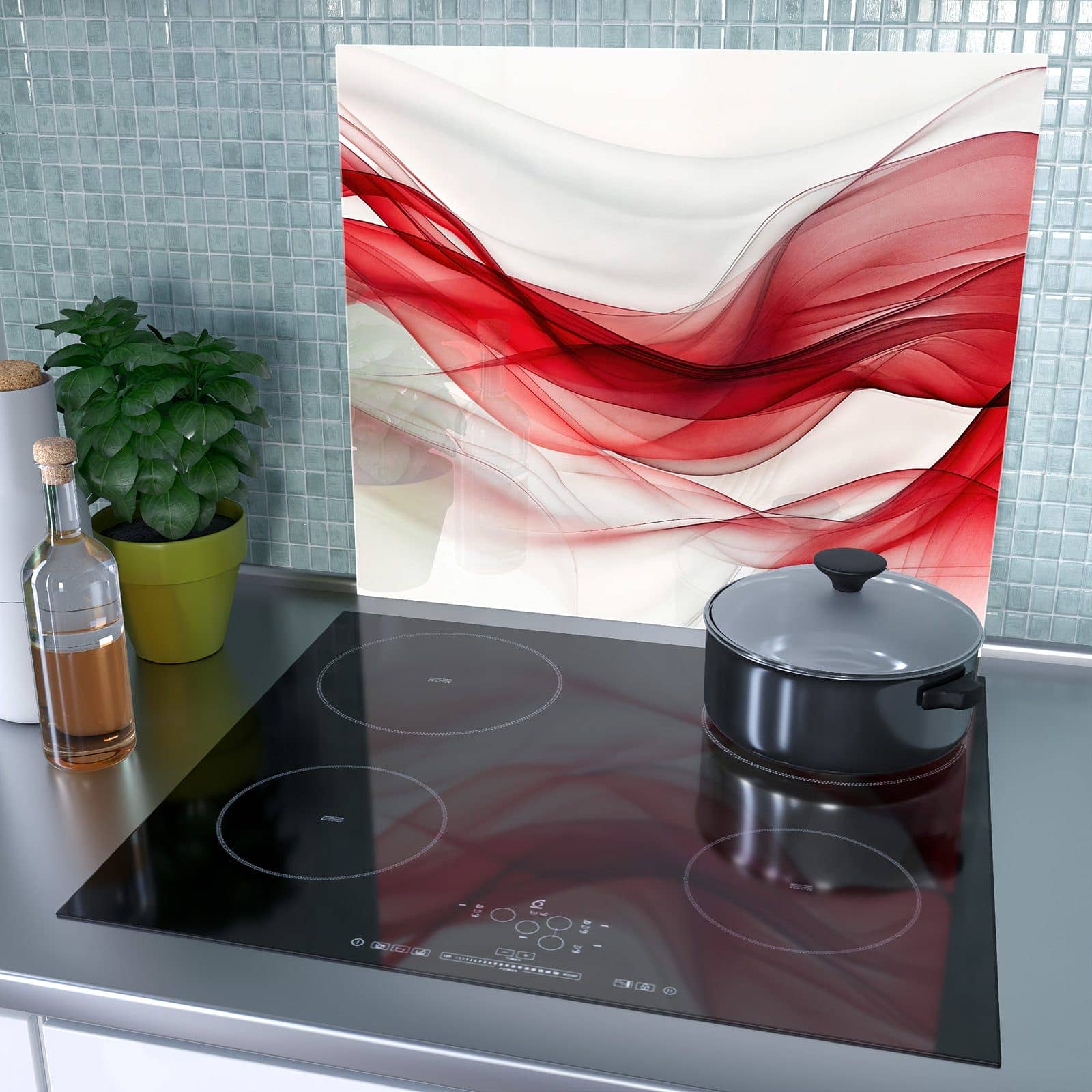 1-teilige Herdabdeckplatte für Ceranfeld mit Farbige Wellen-Motiv als Spritzschutz