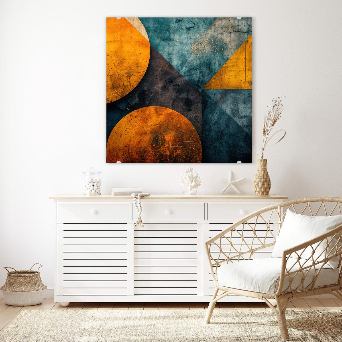 Glasbild Kreise und Dreiecke an der Wand – Zwei ockerfarbene Kreise und blaugraue Dreiecke auf zerkratztem Untergrund