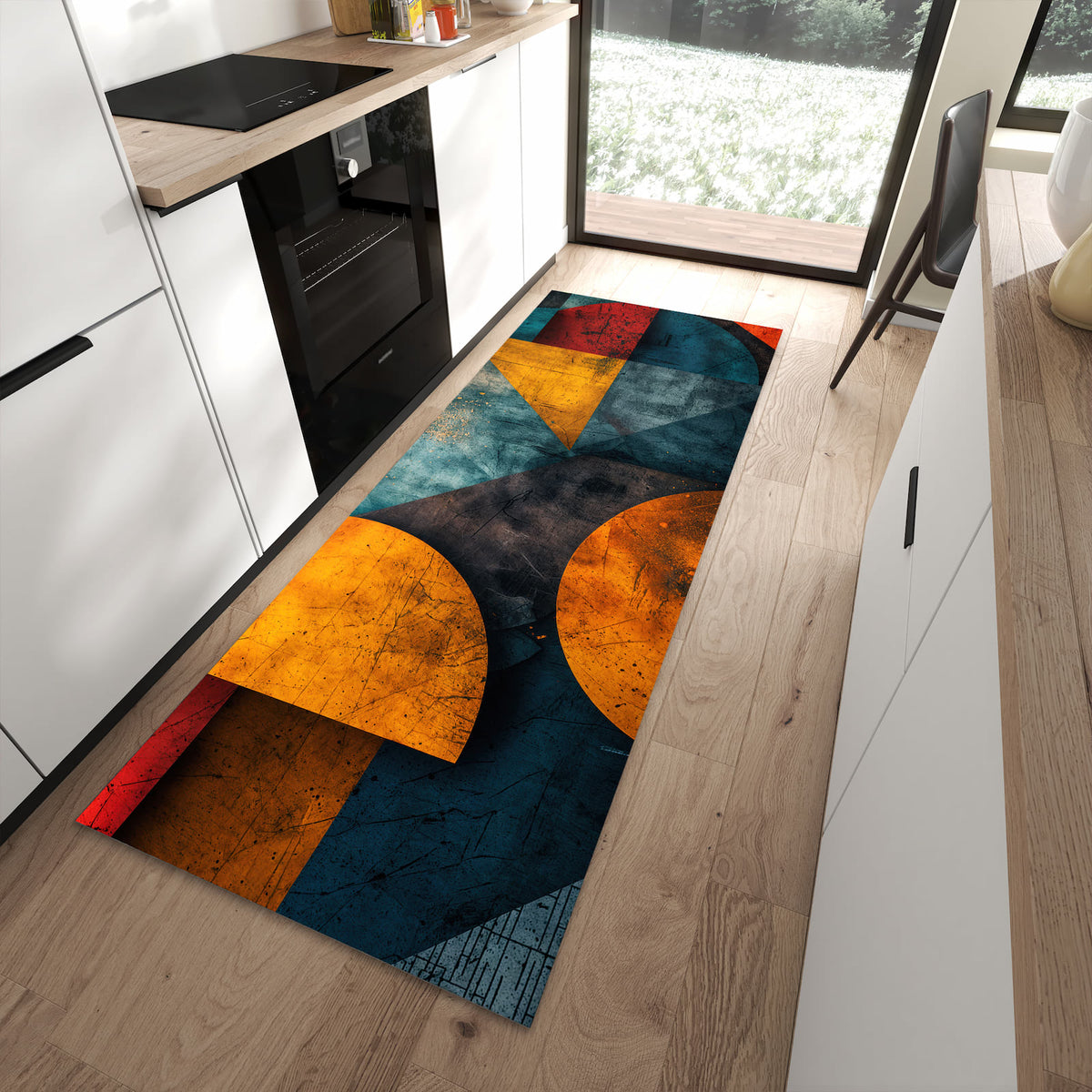 Ordnungsschaffender Küchenläufer mit Motiv Geometrische Kunst in moderner Küche