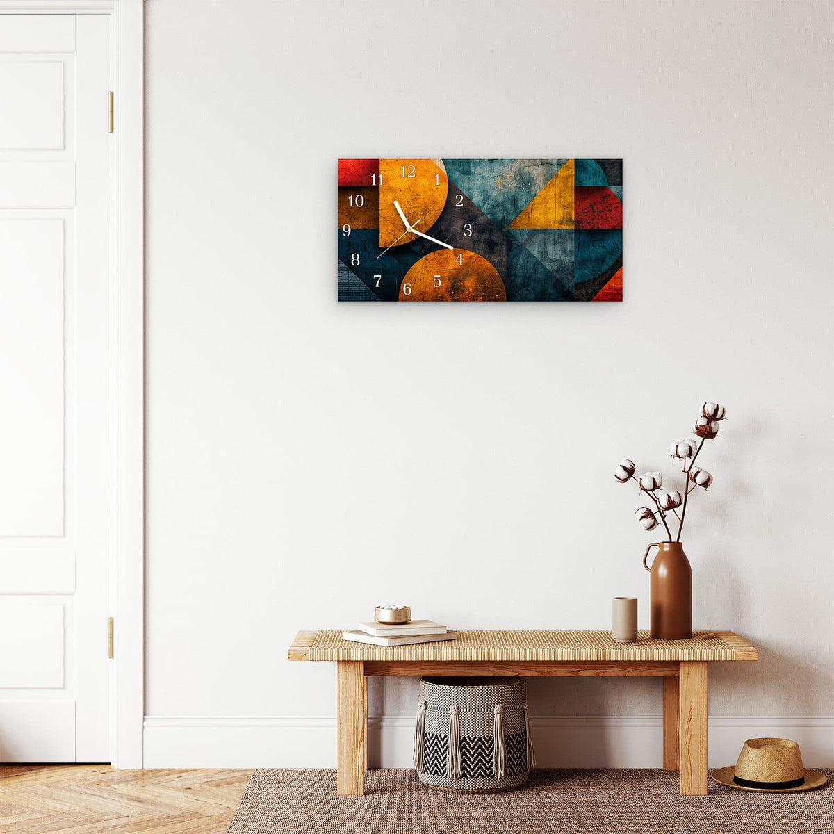 Moderne Wanduhr aus Glas mit Farbtiefe – Wanduhr Geometrische Kunst aus Glas – Querformat 60 × 30 cm