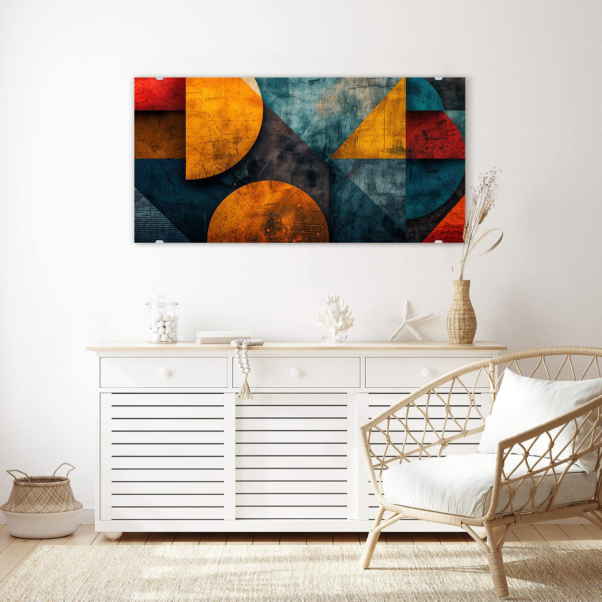 Echtglas, 4 mm – kein Acryl, keine Folie – Wandbild - Kreise und Dreiecke - Querformat